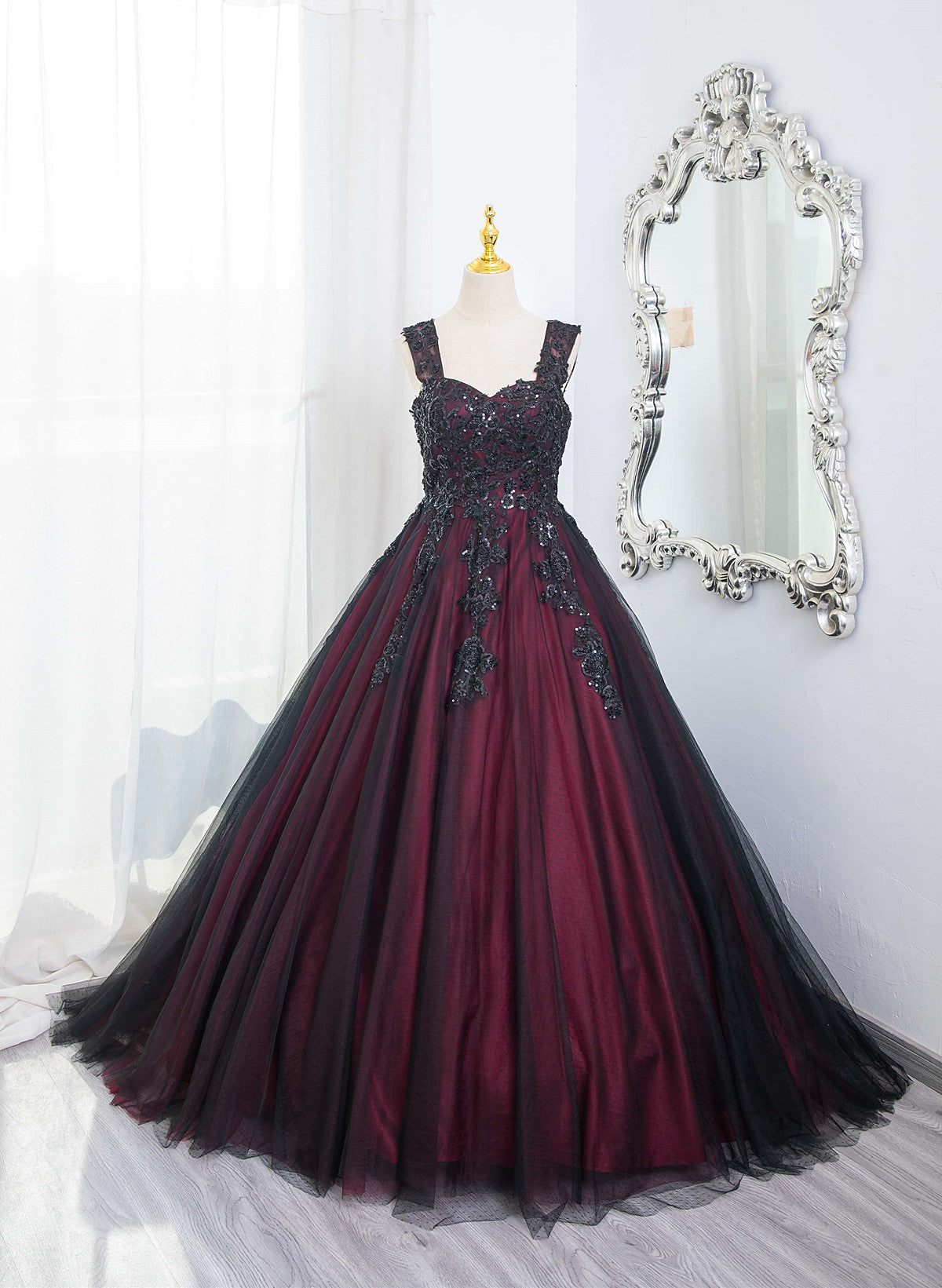 black applique dress Black and Red Tulle with Black Lace Applique Prom Dress, Black Tulle S – Cutedressy