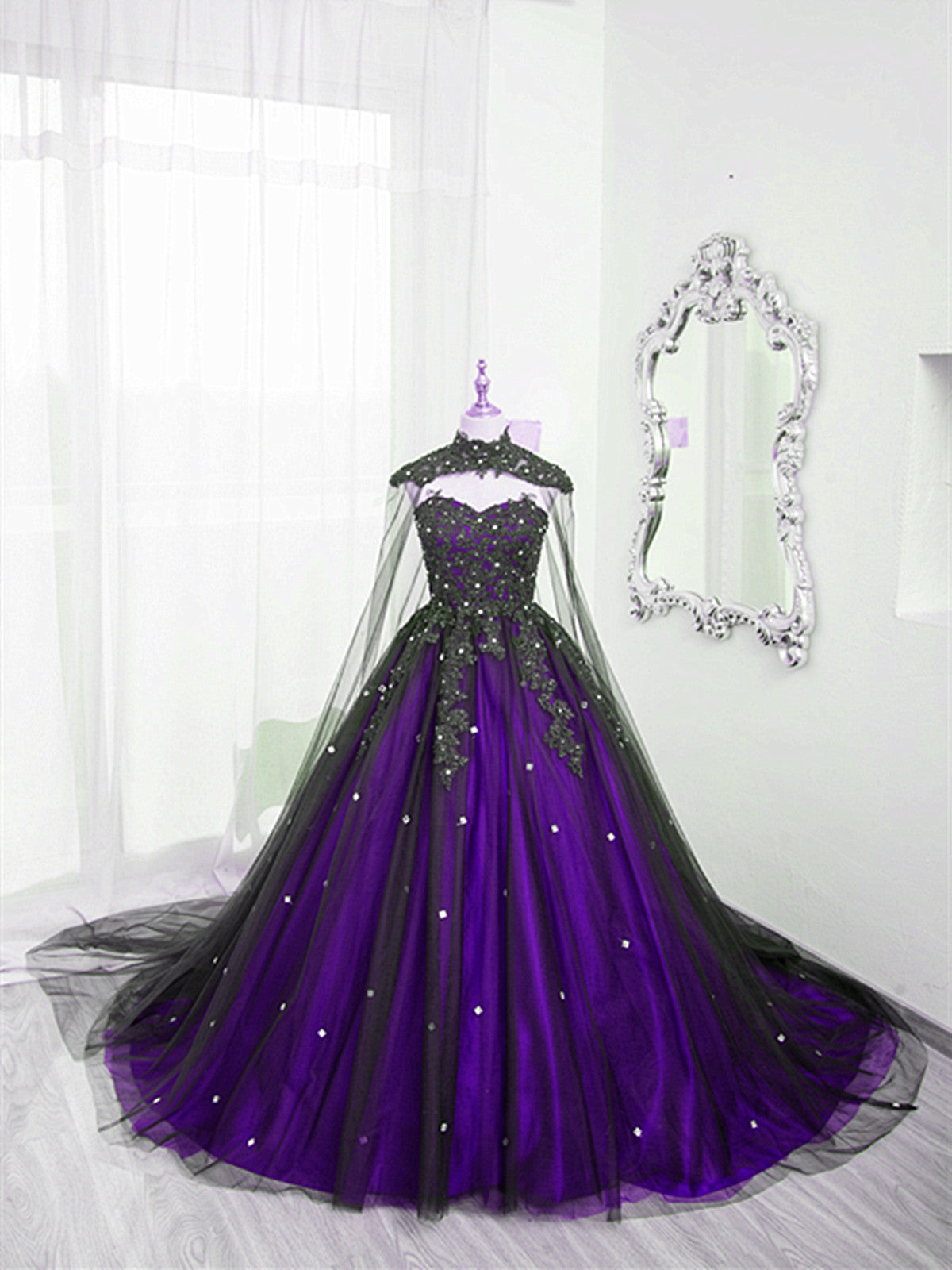 Charming Black and Purple Tulle with Lace Ball Gown Formal Dress, Blac Charming Black and Purple Tulle with Lace Ball Gown Formal Dress, Blac