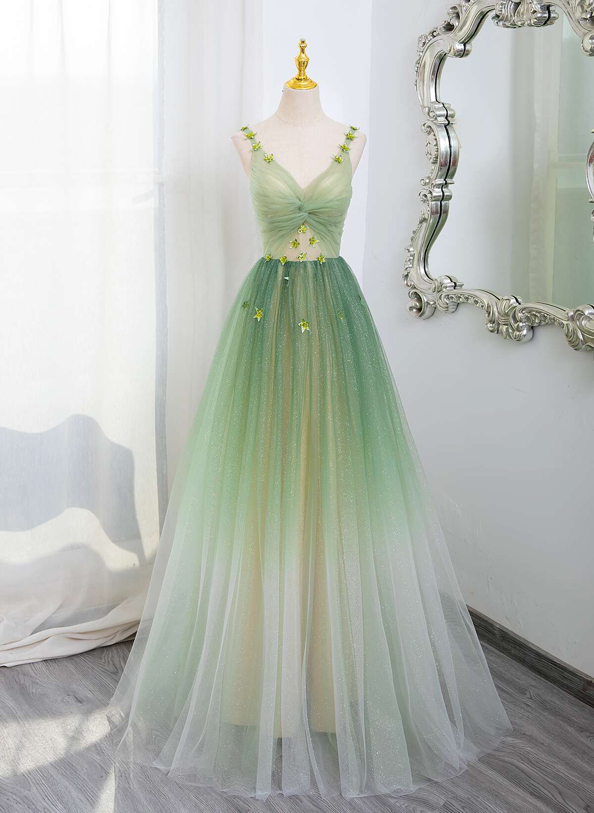 Green Gradient A-line Tulle V-neckline Long Party Dress, Green Tulle P Cutedressy Green Gradient A-line Tulle V-neckline Long Party Dress, Green Tulle P Cutedressy