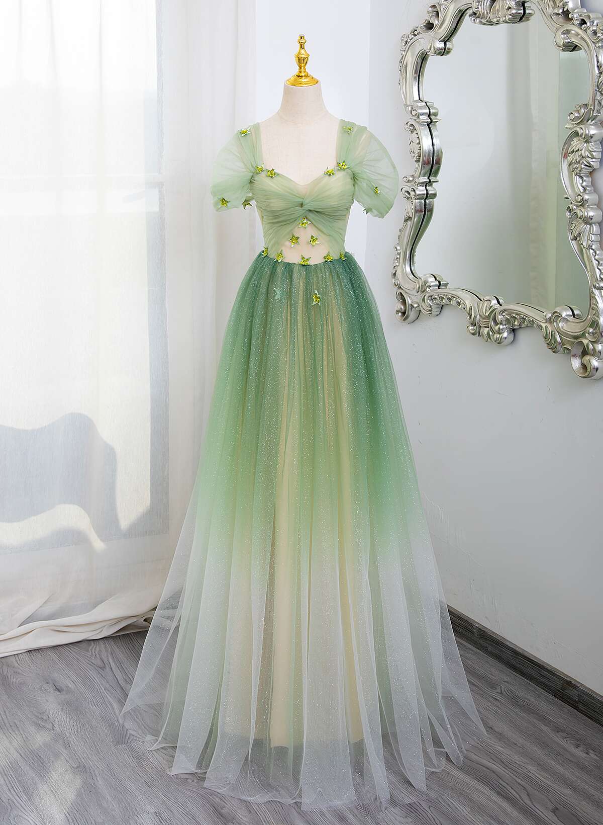 Green Tulle A-line Gradient Short Sleeves Prom Dress, Green Tulle Part Cutedressy Green Tulle A-line Gradient Short Sleeves Prom Dress, Green Tulle Part Cutedressy