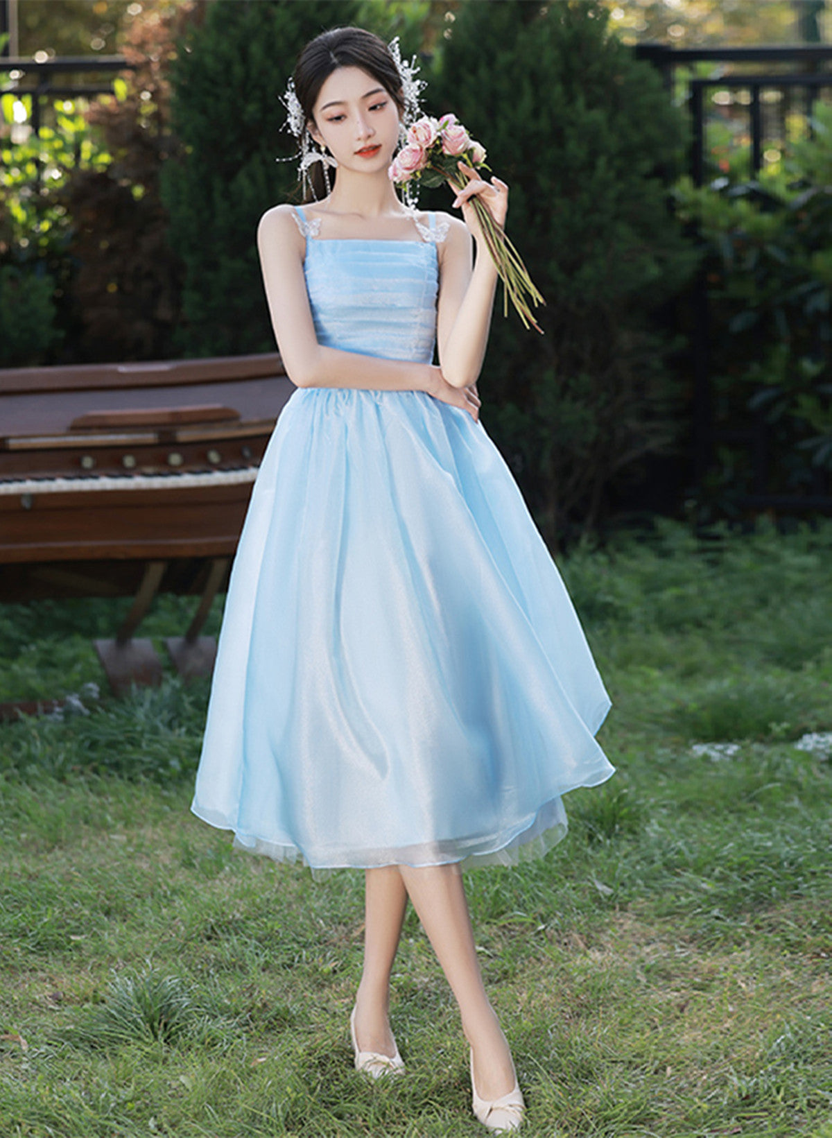 Light Blue Straps Organza Short Party Dress, Light Blue Homecoming Dre