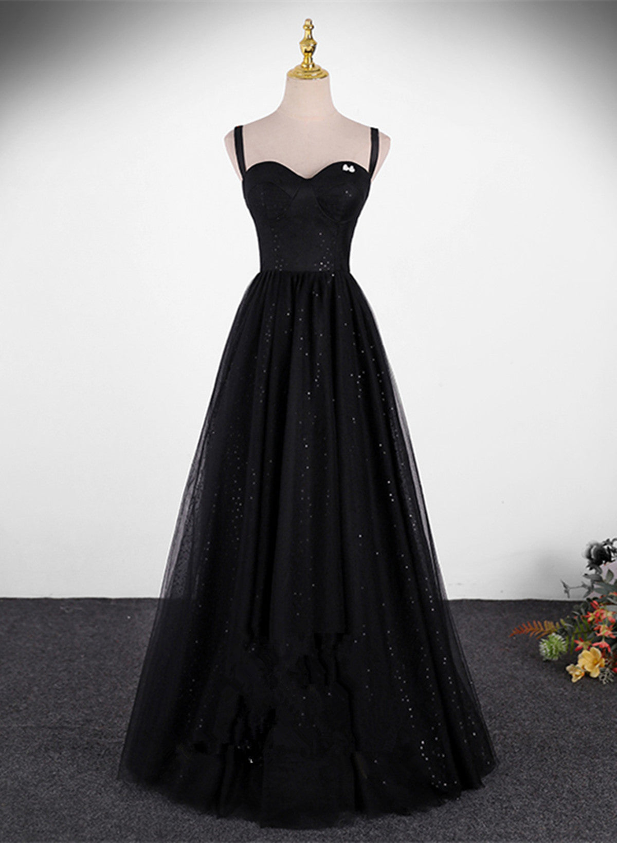 Black A-line Tulle Straps Floor Length Party Dress, Black Tulle Prom D Cutedressy Black A-line Tulle Straps Floor Length Party Dress, Black Tulle Prom D Cutedressy