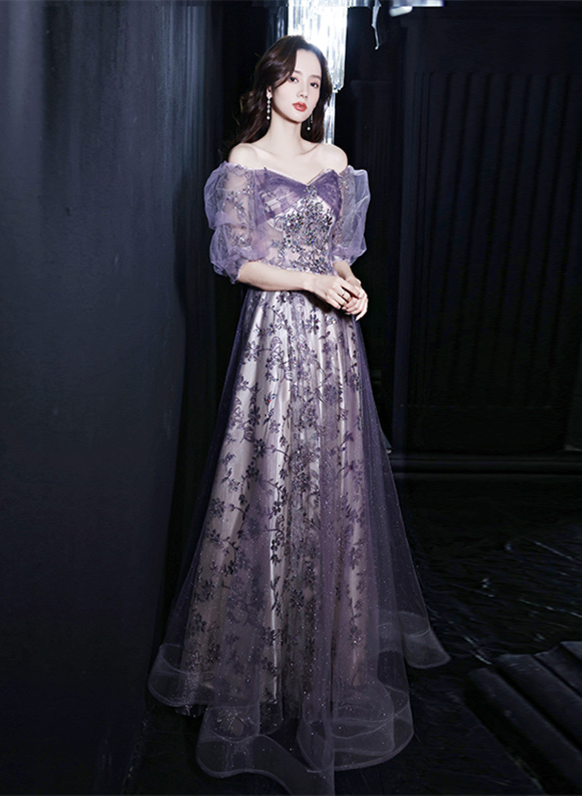 Purple A-line Tulle Long Party Dress, Purple Lace Short Sleeves Formal – Cutedressy Purple A-line Tulle Long Party Dress, Purple Lace Short Sleeves Formal – Cutedressy