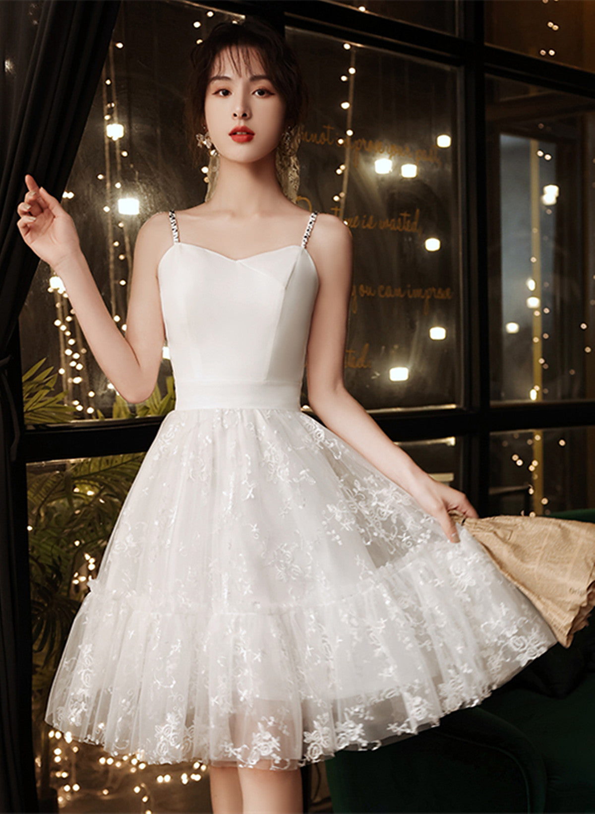 White Satin and Lace Straps Short Party Dress, White Lace Homecoming D Cutedressy White Satin and Lace Straps Short Party Dress, White Lace Homecoming D Cutedressy