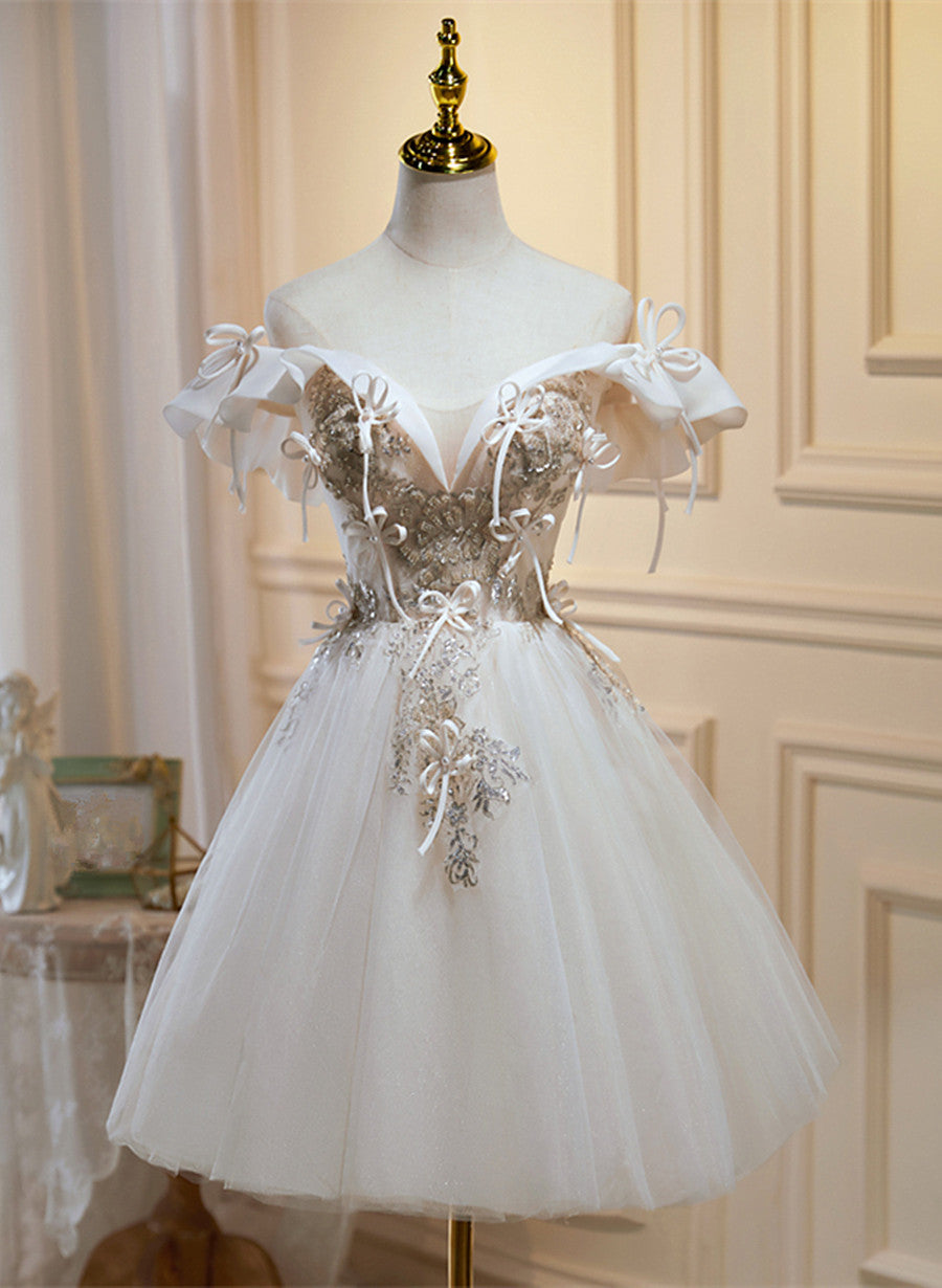 Lovely Ivory Tulle Off Shoulder Prom Dress, Ivory Graduation Dress Hom Lovely Ivory Tulle Off Shoulder Prom Dress, Ivory Graduation Dress Hom