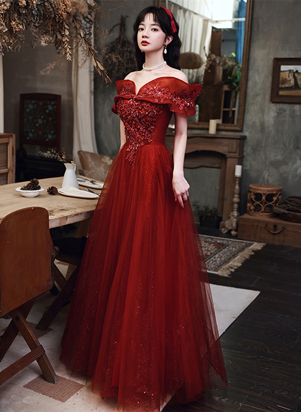 Wine Red Off Shoulder Tulle with Lace Long Party Dress, Wine Red Prom Cutedressy Wine Red Off Shoulder Tulle with Lace Long Party Dress, Wine Red Prom Cutedressy