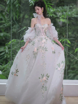 White Tulle with Lace Off Shoulder Long Formal Dress, White Long Wedding Party Dress