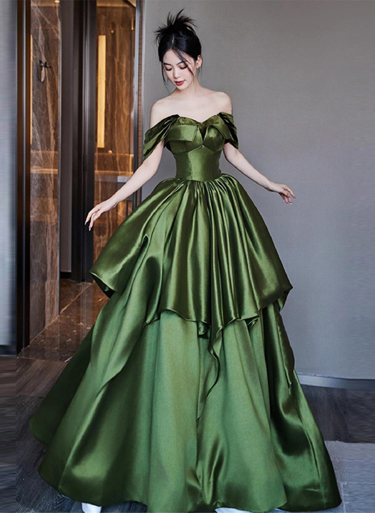 Green Satin Long Off Shoulder Princess Formal Dress, Green Satin Prom Cutedressy Green Satin Long Off Shoulder Princess Formal Dress, Green Satin Prom Cutedressy