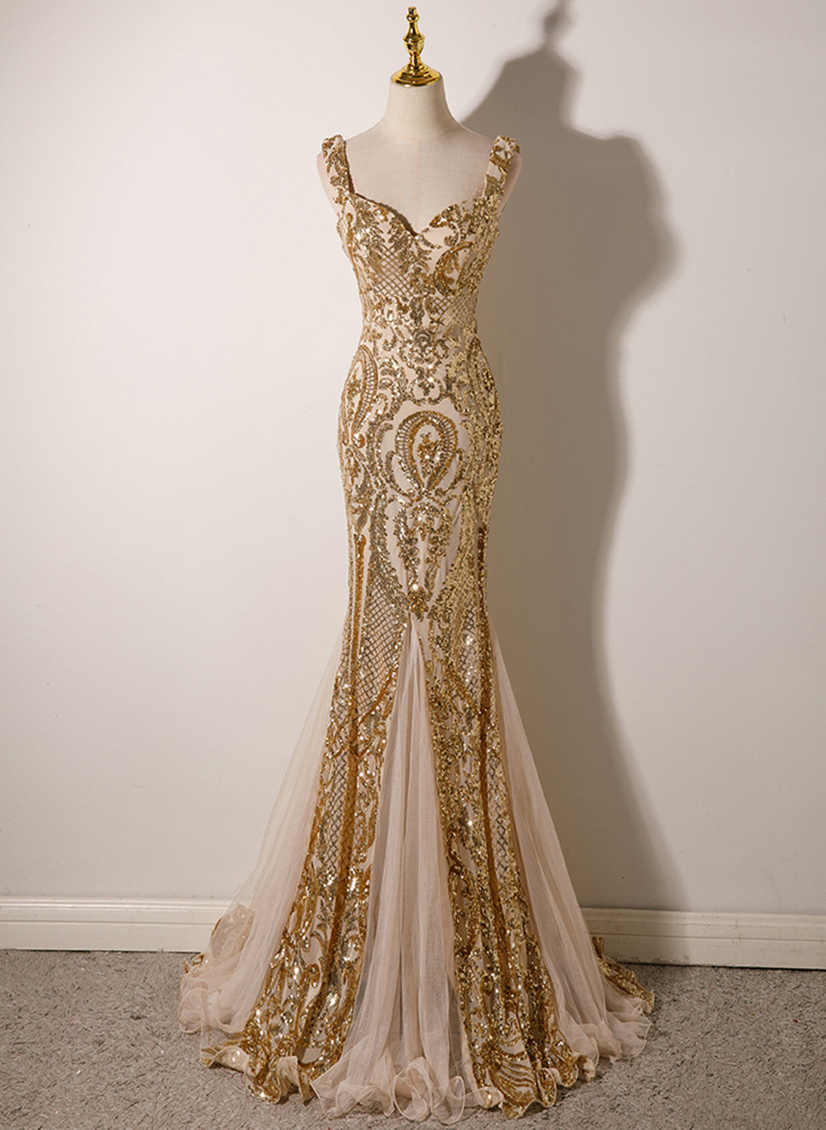 Champagne Mermaid Sequins Straps Long Party Dress, Champagne Prom Dres Cutedressy Champagne Mermaid Sequins Straps Long Party Dress, Champagne Prom Dres Cutedressy