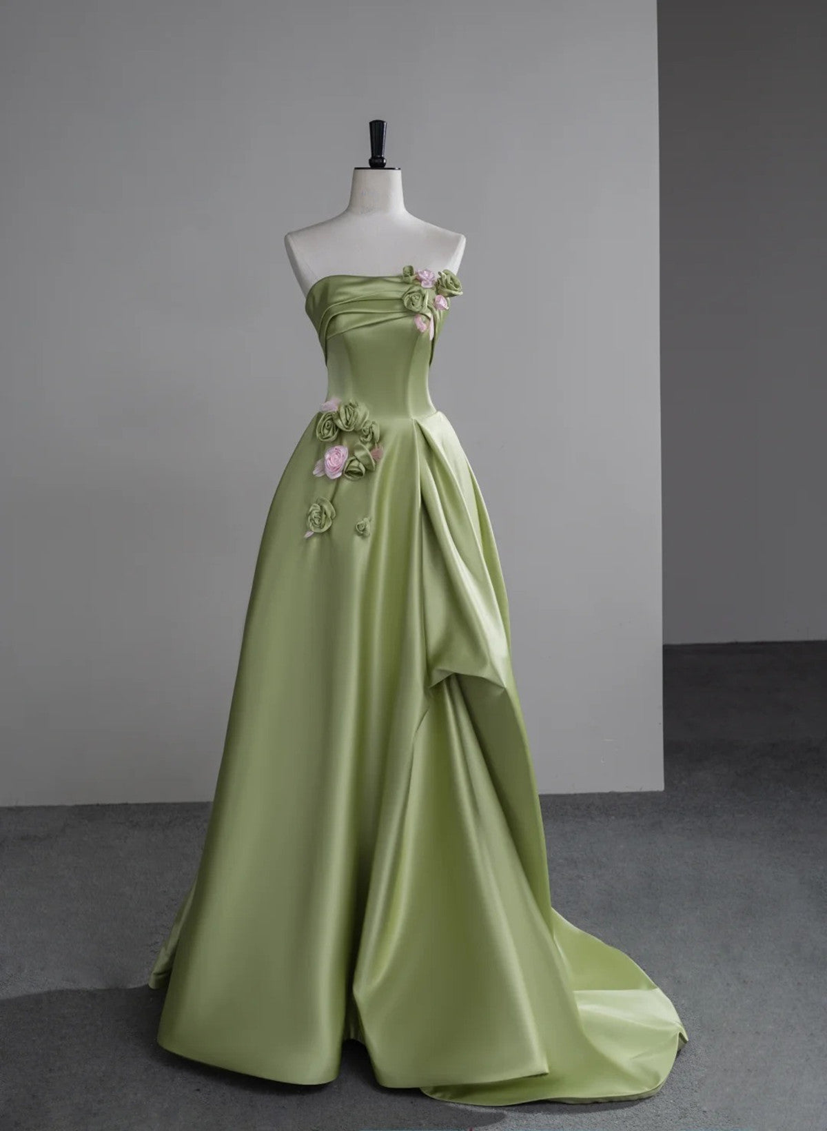 Green Satin A-line Party Dress with Flowers, Green Long Prom Dress Cutedressy Green Satin A-line Party Dress with Flowers, Green Long Prom Dress Cutedressy