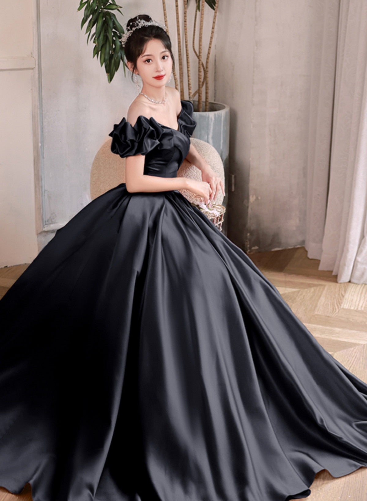 Black Satin Off Shoulder Long Formal Dress Evening Dress, Black Satin Cutedressy Black Satin Off Shoulder Long Formal Dress Evening Dress, Black Satin Cutedressy