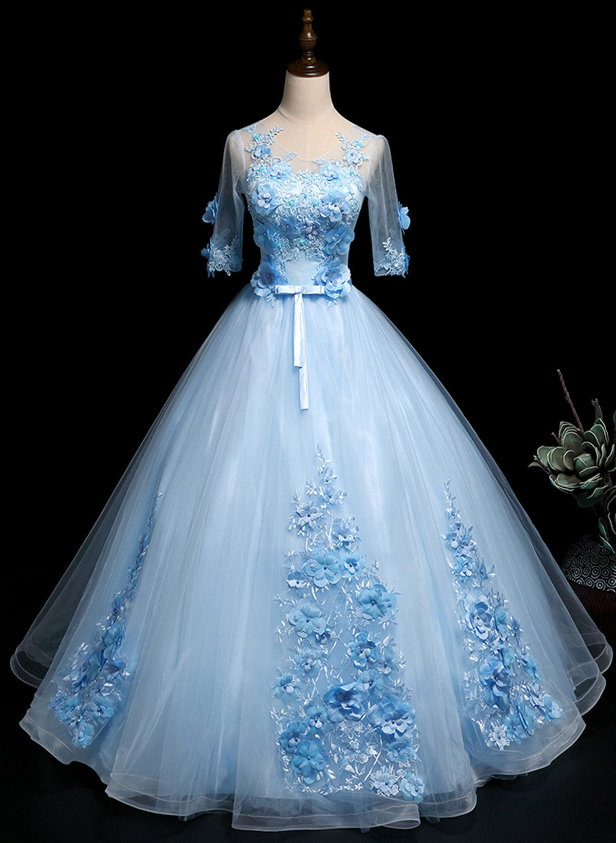 Light Blue Ball Gown with Sleeves Party Dress, Blue Sweet 16 Dress Cutedressy Light Blue Ball Gown with Sleeves Party Dress, Blue Sweet 16 Dress Cutedressy