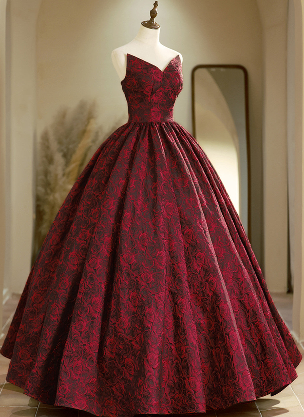 Wine Red Floral Lace V-neckline Long Evening Dress, Wine Red Prom Dres Wine Red Floral Lace V-neckline Long Evening Dress, Wine Red Prom Dres