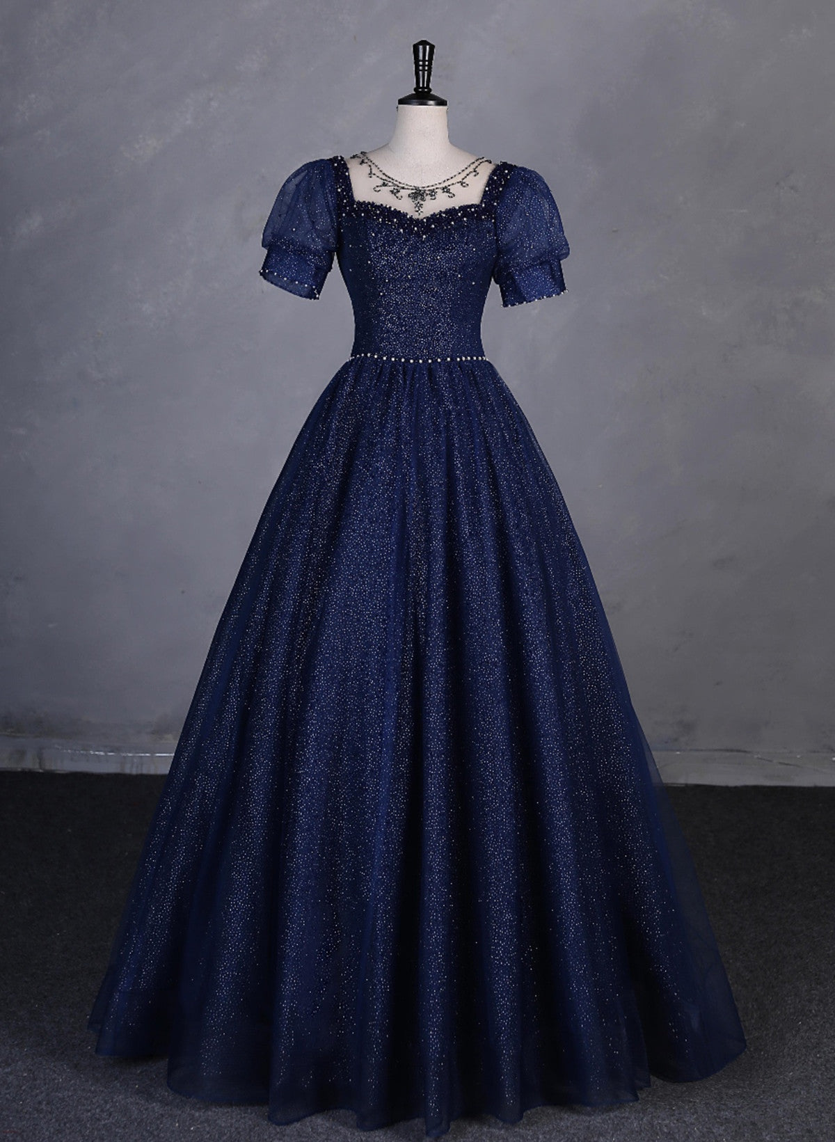Navy Blue Round Neckline Short Sleeves Tulle Party Dress, Navy Blue Lo Cutedressy Navy Blue Round Neckline Short Sleeves Tulle Party Dress, Navy Blue Lo Cutedressy
