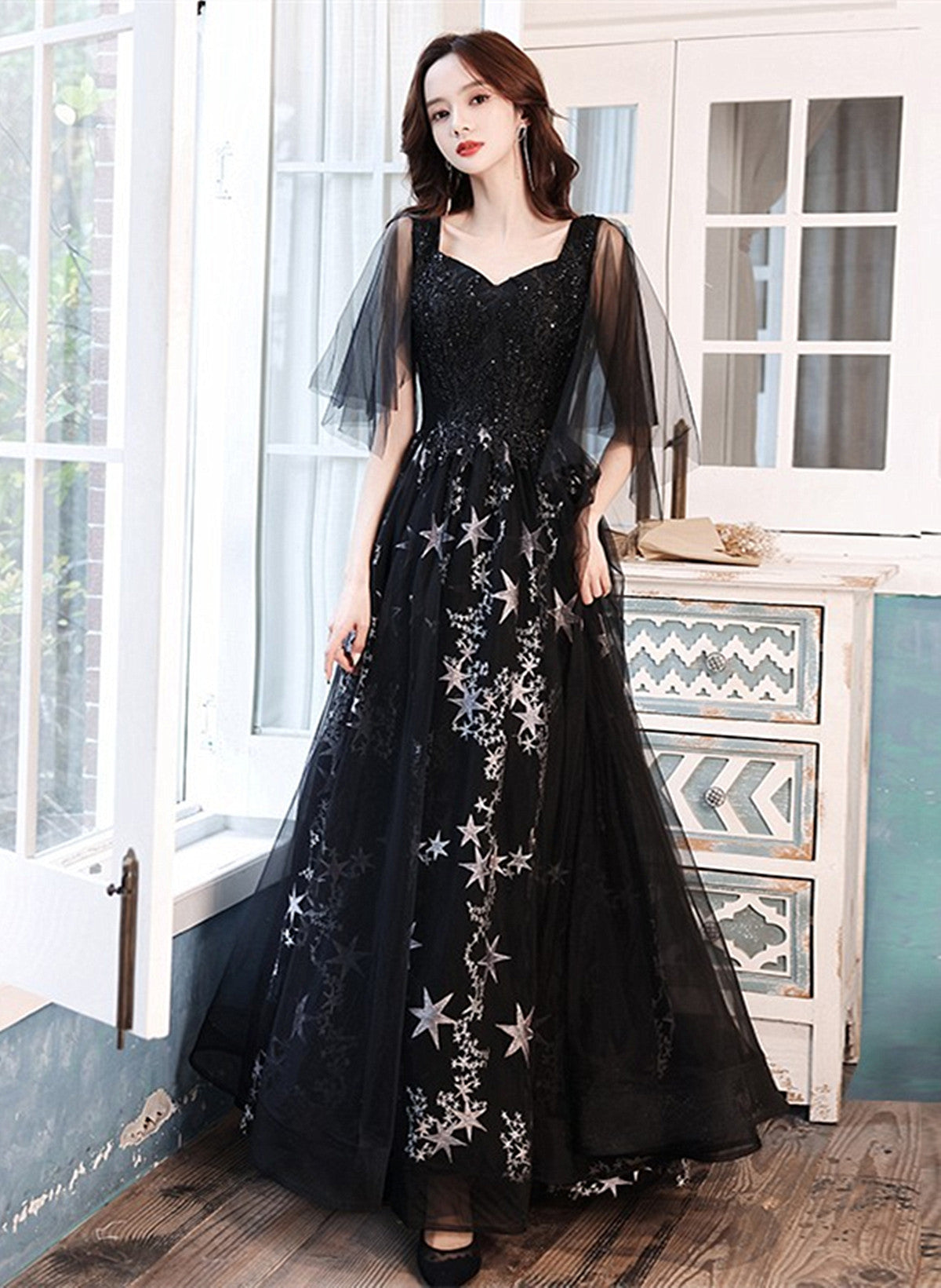 A-line Chic Black Tulle Beaded Long Evening Dress, Black Long Formal D Cutedressy A-line Chic Black Tulle Beaded Long Evening Dress, Black Long Formal D Cutedressy
