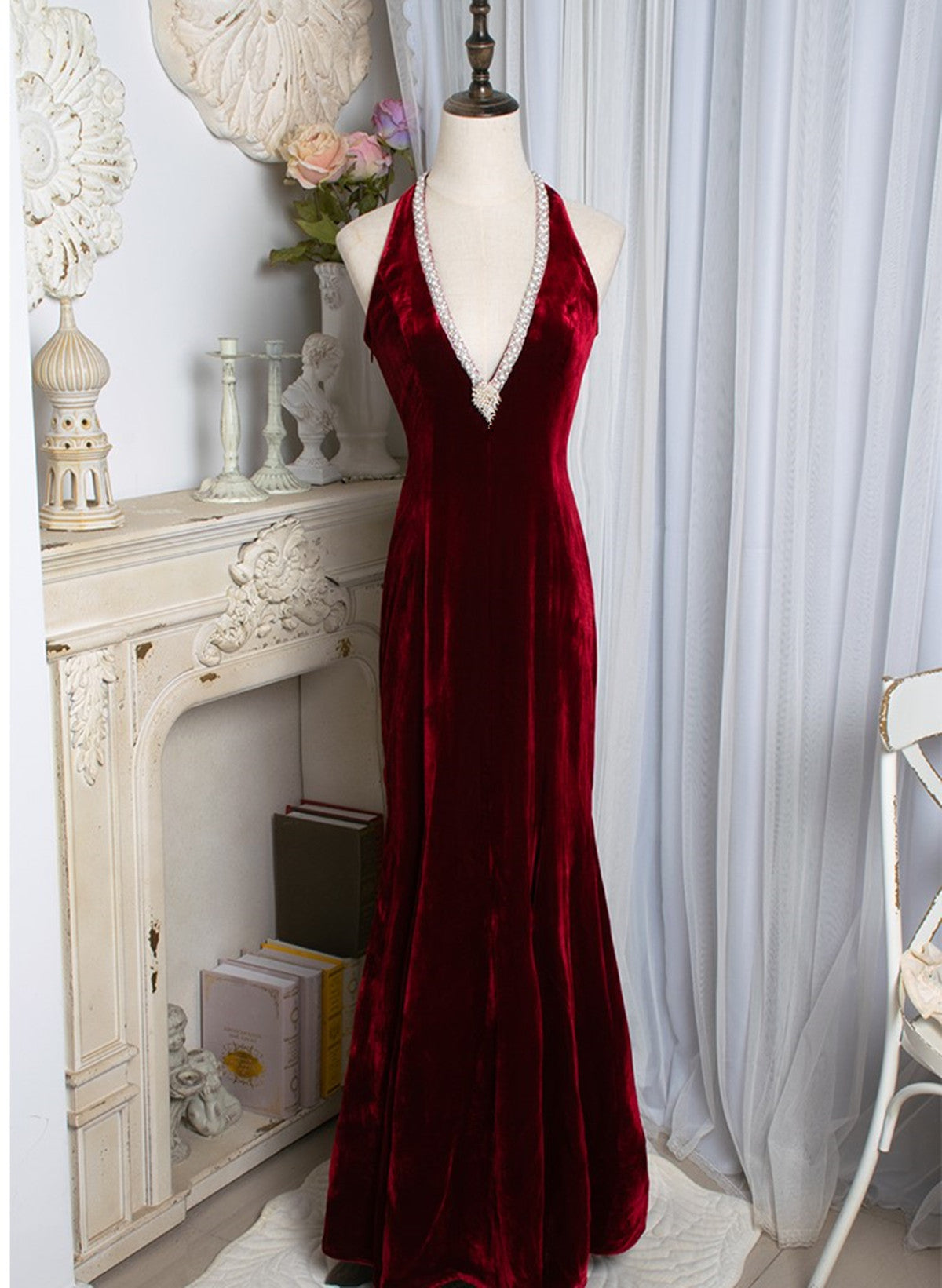 Charming Wine Red Mermaid Velvet Long Prom Dress, Wine Red Evening Dre
