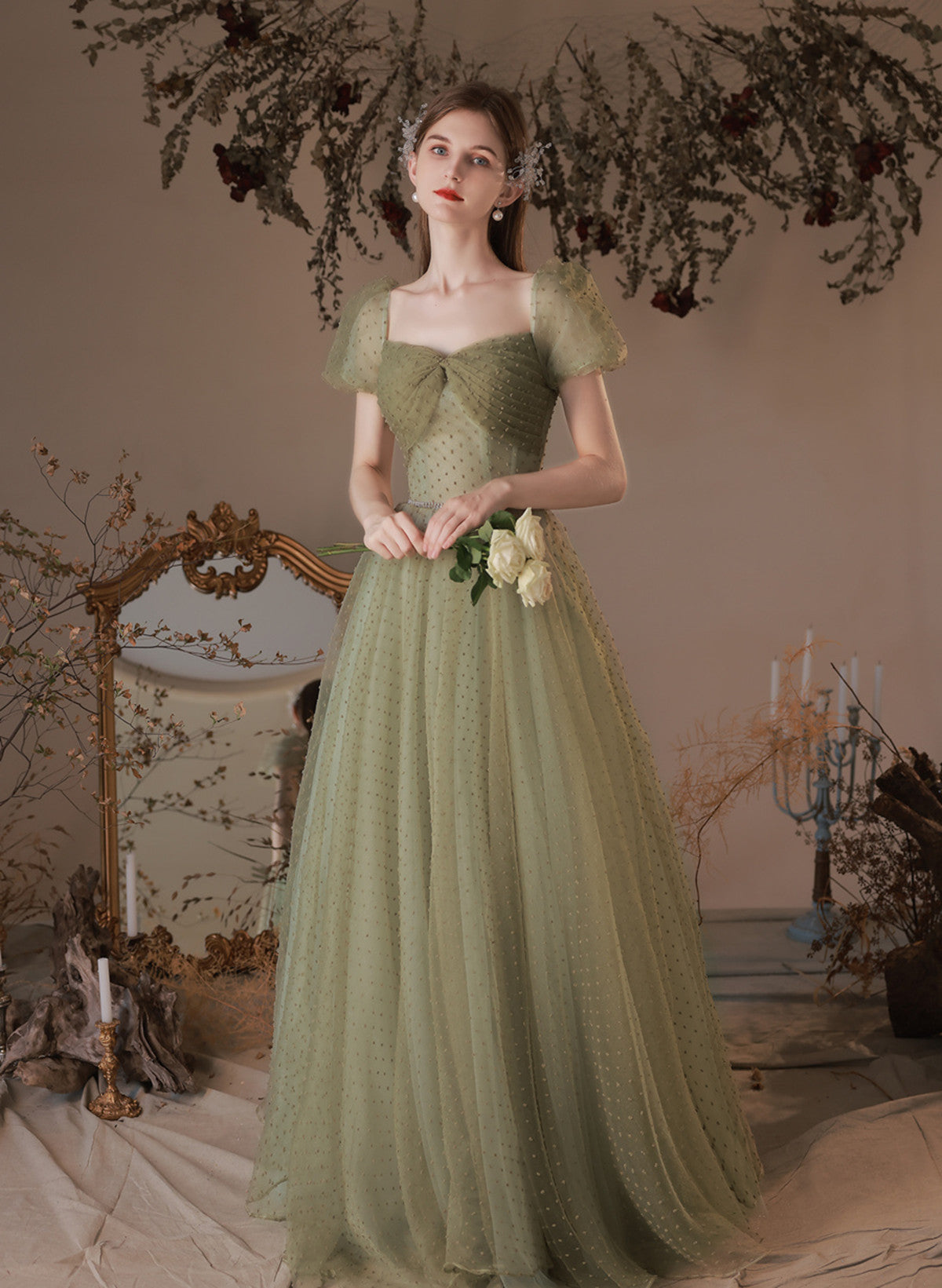 A-line Green Off Shoulder Tulle Long Party Dress, Green Simple Floor L Cutedressy A-line Green Off Shoulder Tulle Long Party Dress, Green Simple Floor L Cutedressy