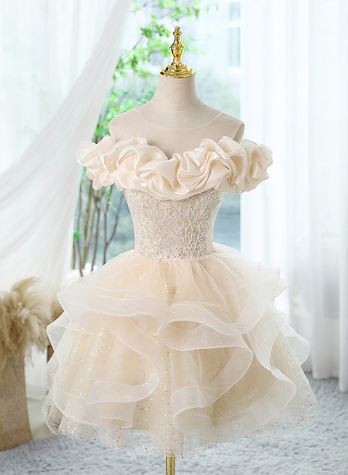 Cute Short Light Champagne Off Shoulder Homecoming Dress, Tulle Short Cutedressy Cute Short Light Champagne Off Shoulder Homecoming Dress, Tulle Short Cutedressy