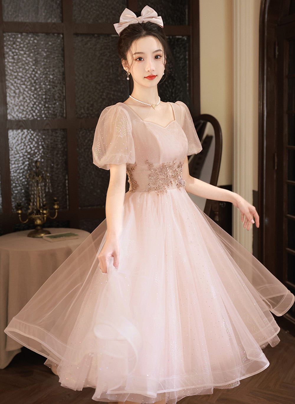 Pink Tea Length Tulle Short Sleeves Party Dress, Pink Tulle Homecoming Cutedressy Pink Tea Length Tulle Short Sleeves Party Dress, Pink Tulle Homecoming Cutedressy