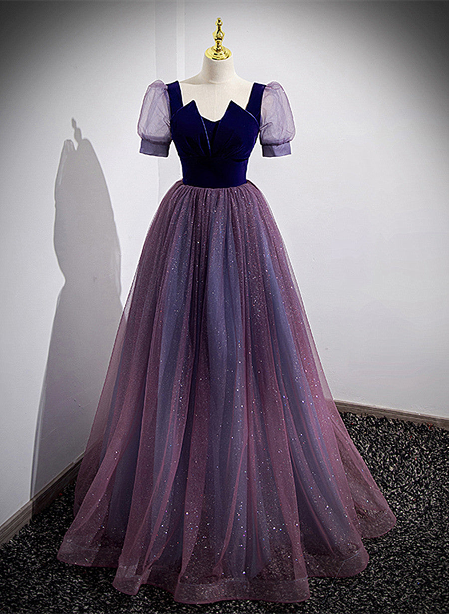 Purple Velvet and Tulle Short Sleeves Evening Dress, Purple A-line For Cutedressy Purple Velvet and Tulle Short Sleeves Evening Dress, Purple A-line For Cutedressy