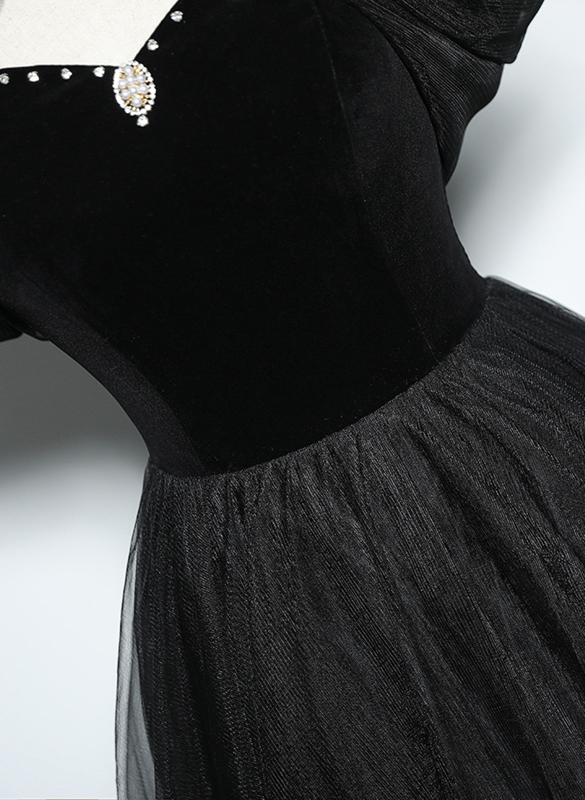 Black Haler Tulle and Velvet Long Prom Dress, Black A-line Tulle Evening Dress
