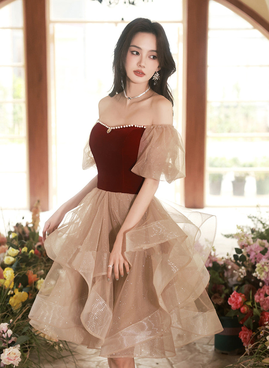Cute Short Tulle and Velvet Beaded Party Dress, Short Homecoming Dress Cutedressy Cute Short Tulle and Velvet Beaded Party Dress, Short Homecoming Dress Cutedressy