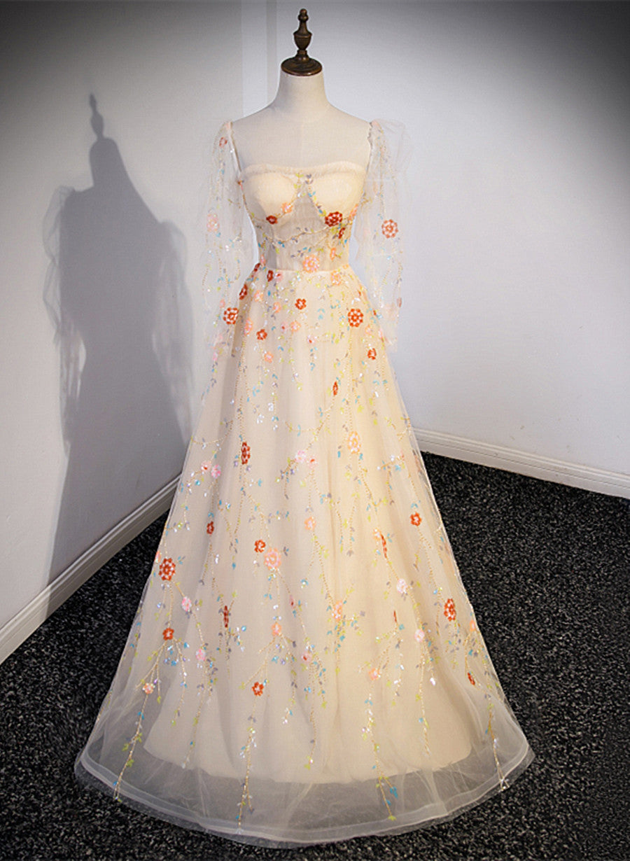 Light Champagne Long Sleeves Floral Tulle Party Dress, A-line Tulle Ev Cutedressy Light Champagne Long Sleeves Floral Tulle Party Dress, A-line Tulle Ev Cutedressy