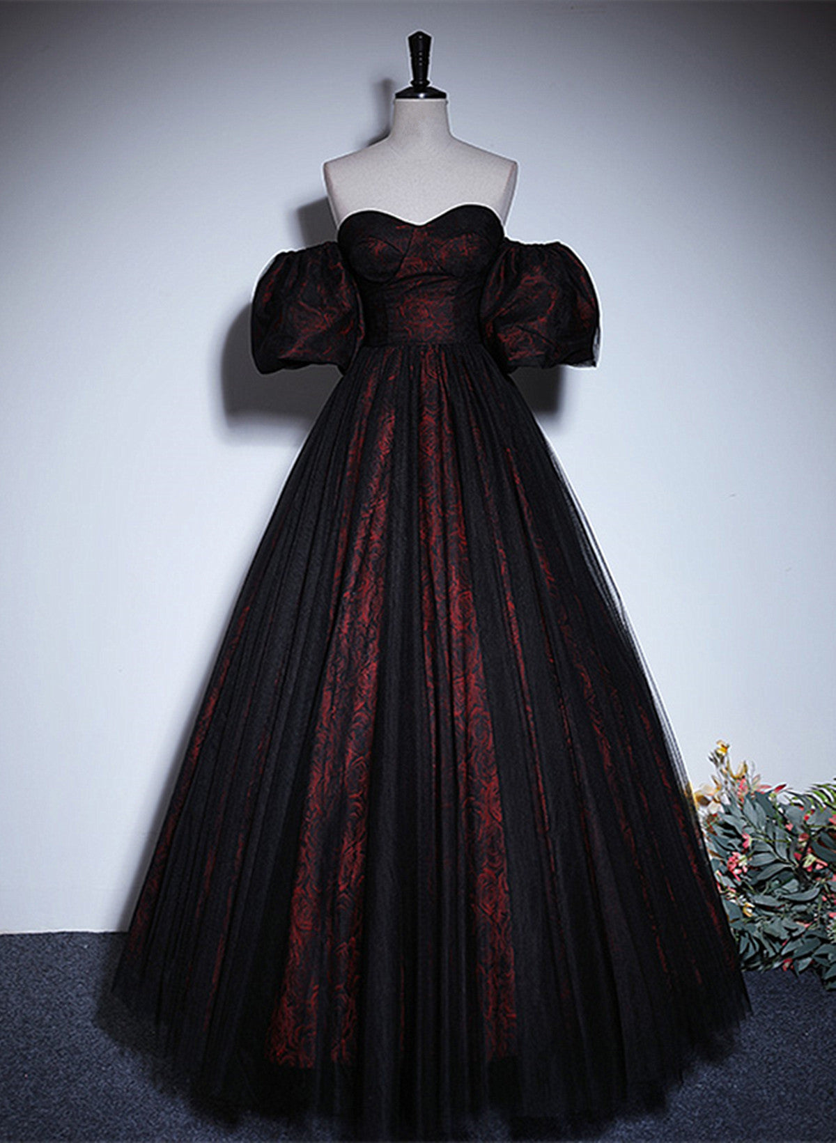 A-line Black and Red Lace Long Party Dress, Black and Red Prom Dress Cutedressy A-line Black and Red Lace Long Party Dress, Black and Red Prom Dress Cutedressy