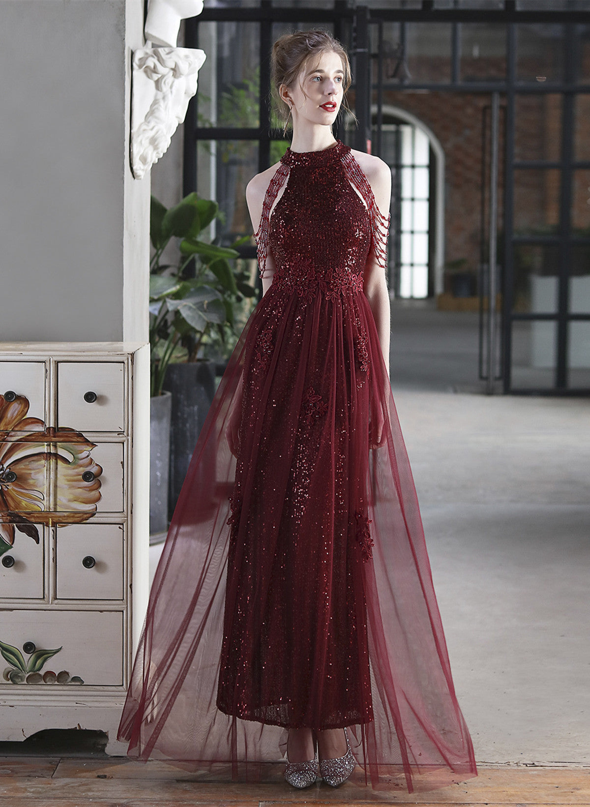 Wine Red A-line Sequins and Tulle Halter Long Prom Dress, Wine Red For Wine Red A-line Sequins and Tulle Halter Long Prom Dress, Wine Red For