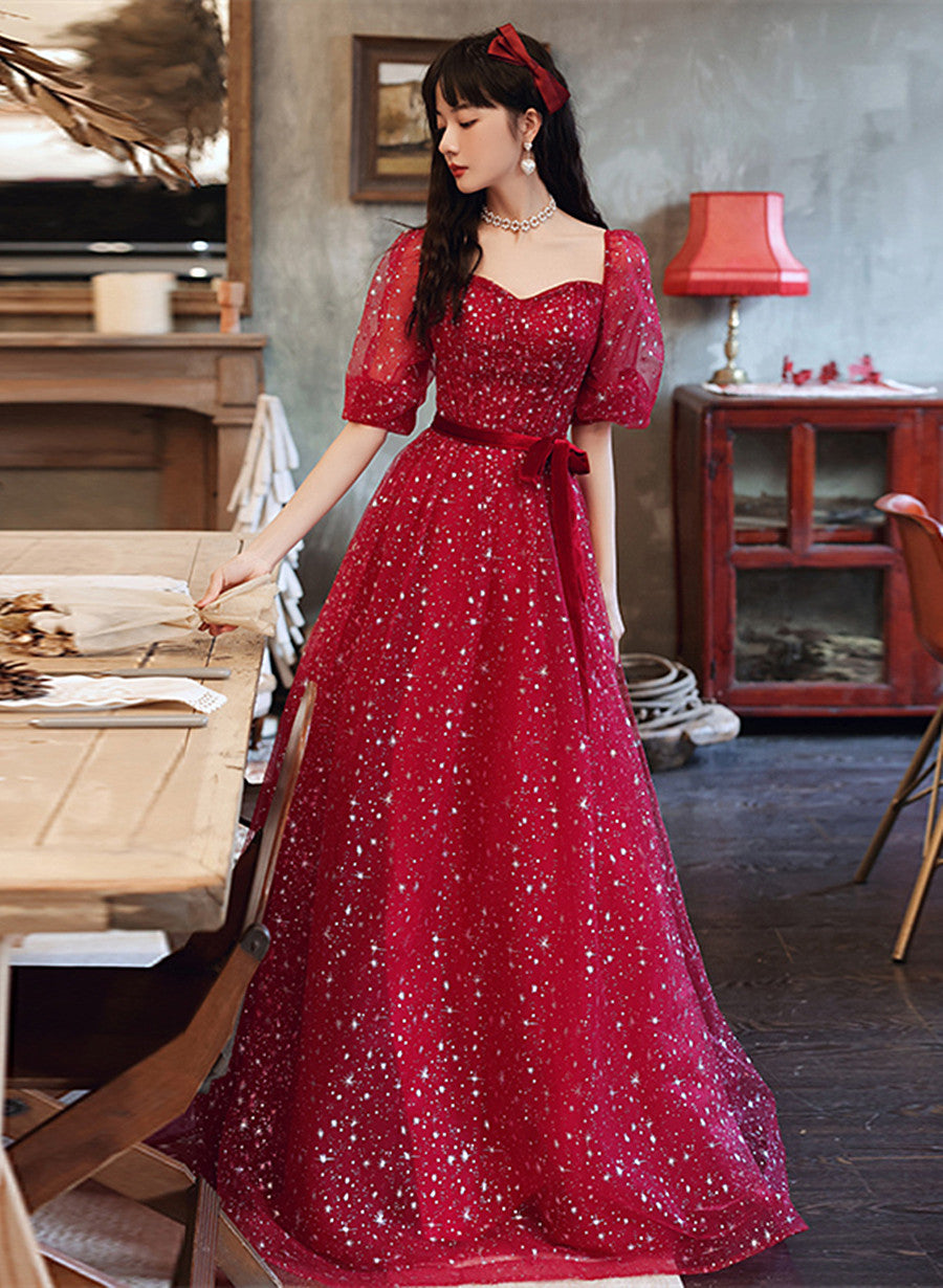 Dark Red Short Sleeves Sweetheart Tulle Prom Dress, A-line Dark Red Fo Cutedressy Dark Red Short Sleeves Sweetheart Tulle Prom Dress, A-line Dark Red Fo Cutedressy
