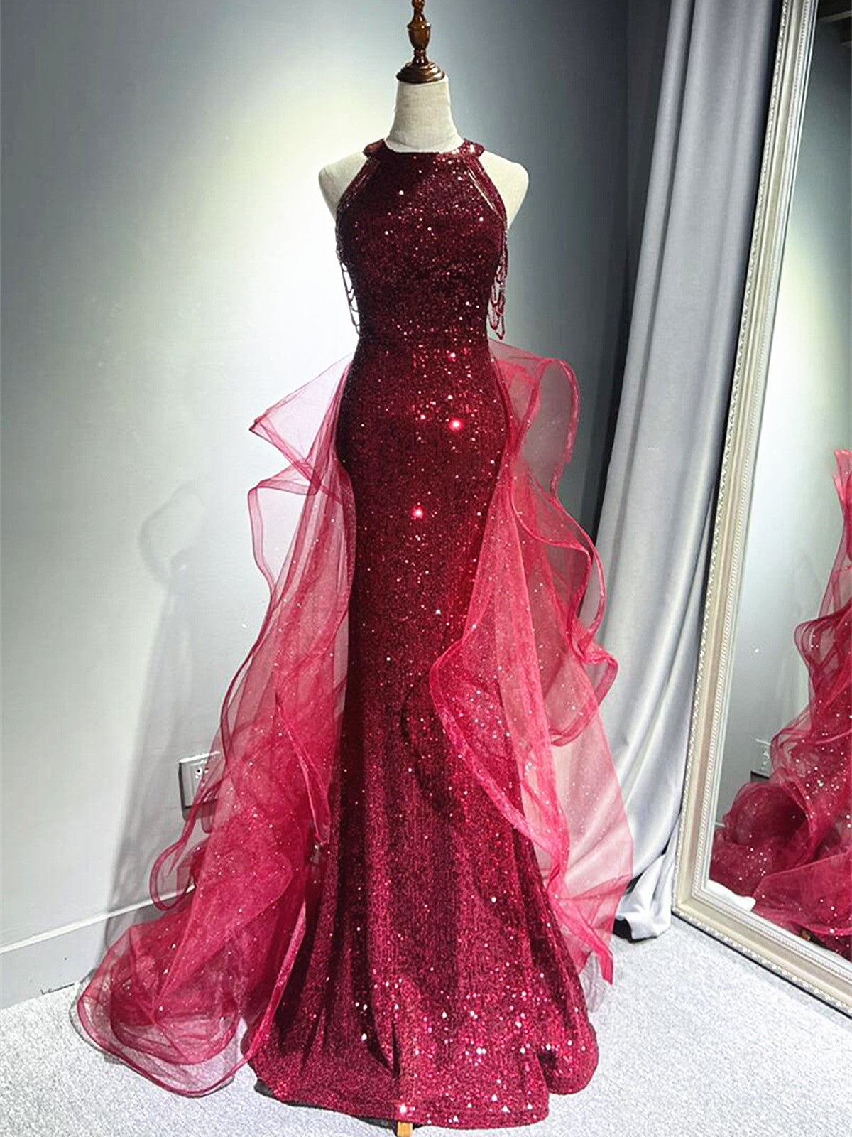 Wine Red Tulle and Sequins Halter Long Party Dress, Wine Red New Style Cutedressy Wine Red Tulle and Sequins Halter Long Party Dress, Wine Red New Style Cutedressy