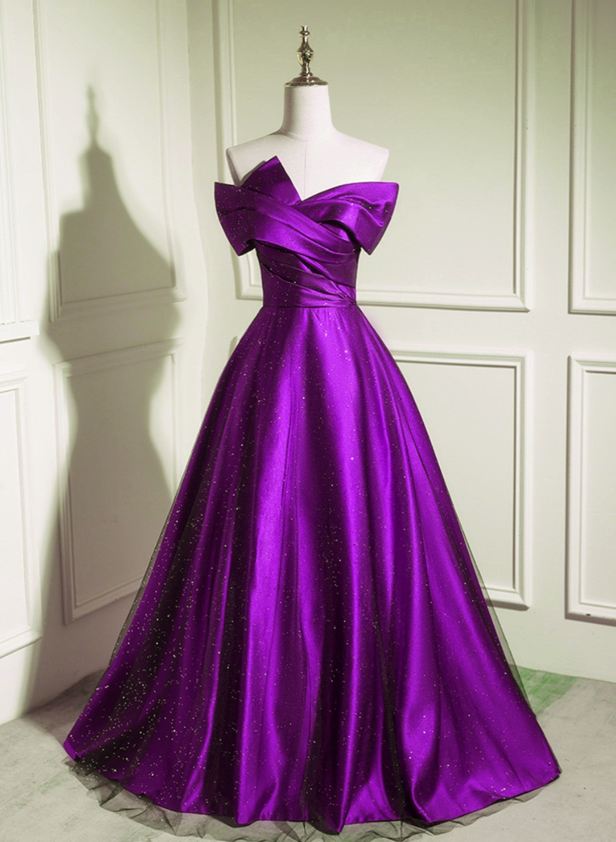 A-line Off Shouolder Black and Purple Satin Party Dress, Long Prom Dre Cutedressy A-line Off Shouolder Black and Purple Satin Party Dress, Long Prom Dre Cutedressy
