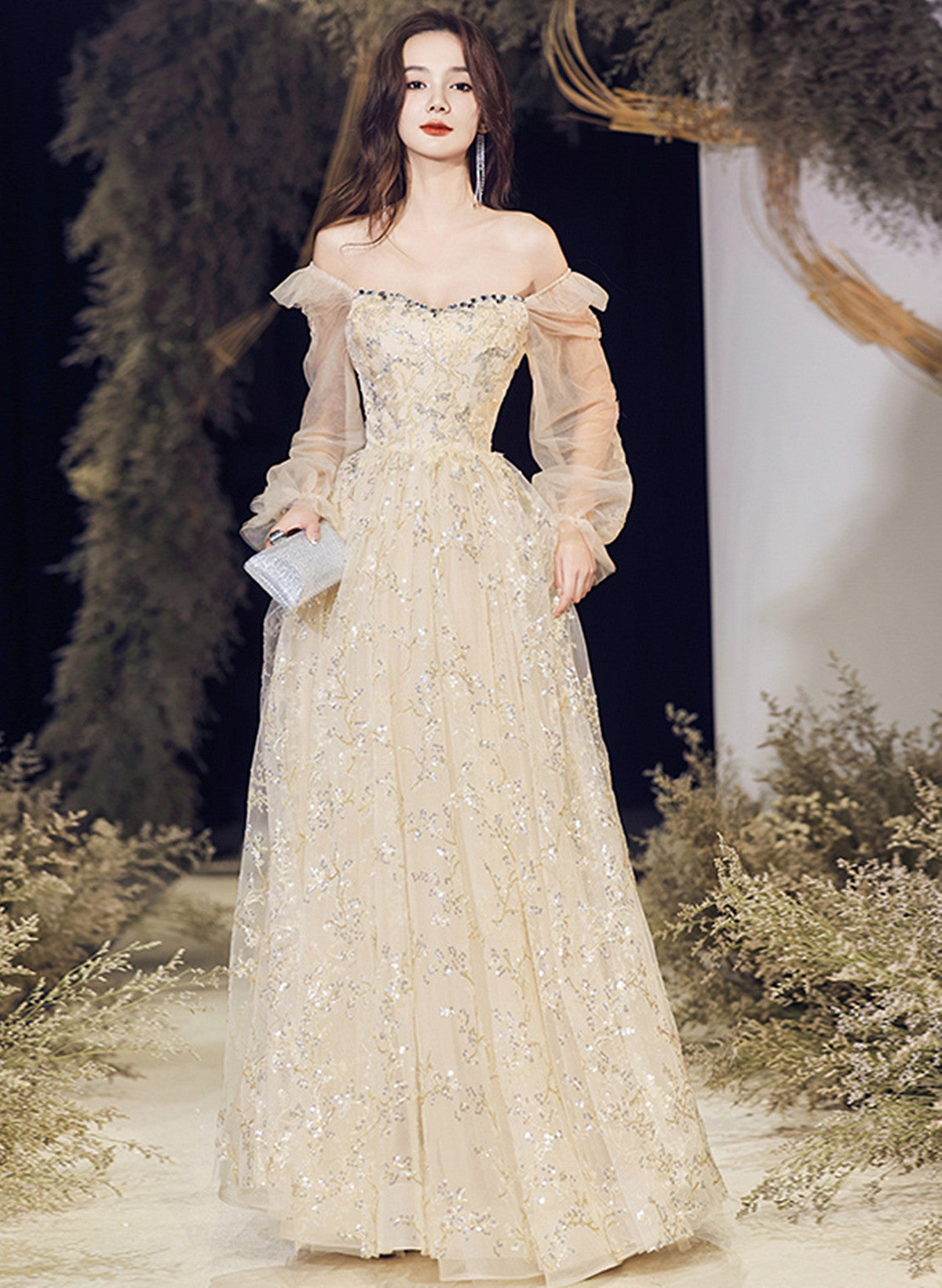 Champagne Long Sleeves Tulle Sweetheart Prom Dress, A-line Tulle Eveni – Cutedressy