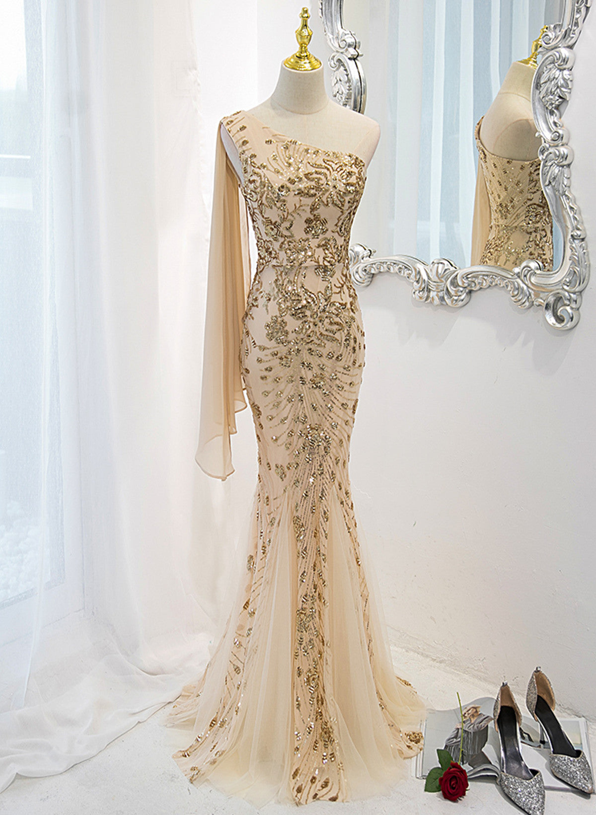 Champagne Mermaid Long Party Dress, Champagne Sequins Prom Dress Cutedressy Champagne Mermaid Long Party Dress, Champagne Sequins Prom Dress Cutedressy
