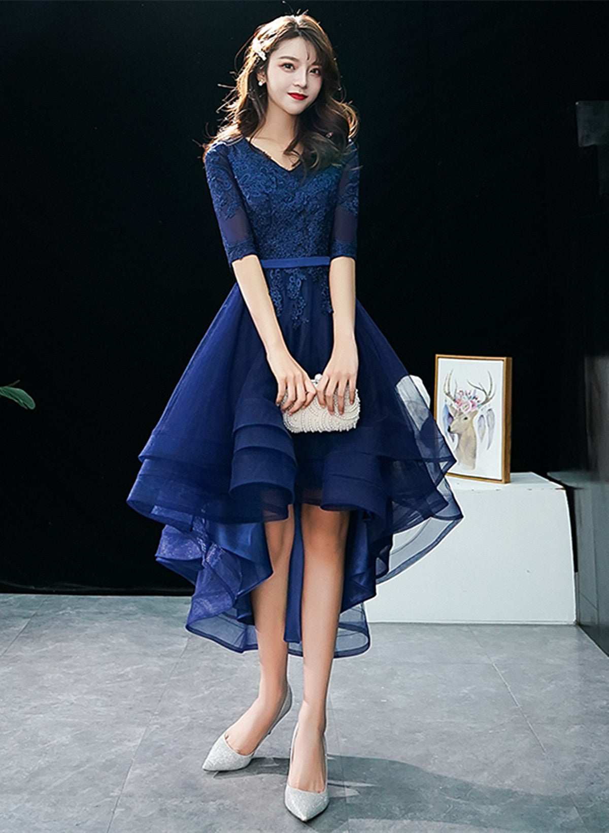 Navy Blue High Low Tulle with Lace Party Dress, Blue Homecoming Dress Cutedressy Navy Blue High Low Tulle with Lace Party Dress, Blue Homecoming Dress Cutedressy