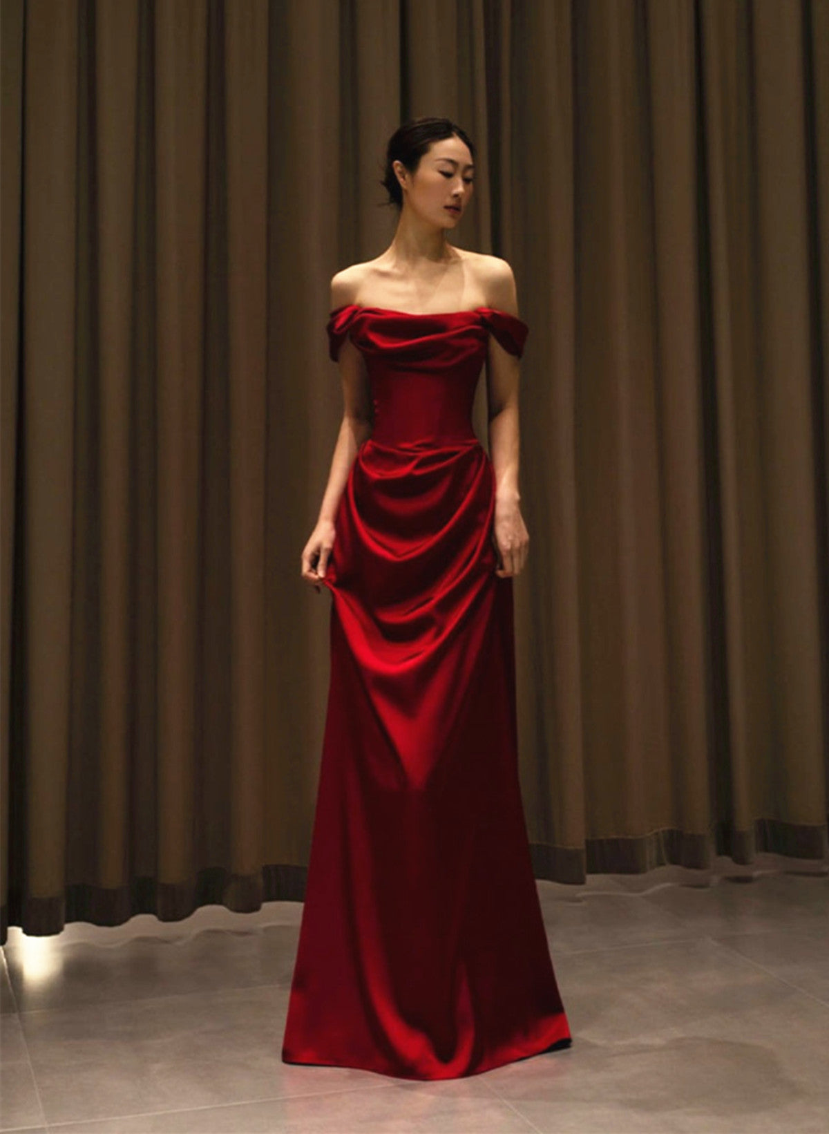 red silk off the shoulder dress Long Off the Shoulder Prom Dresses