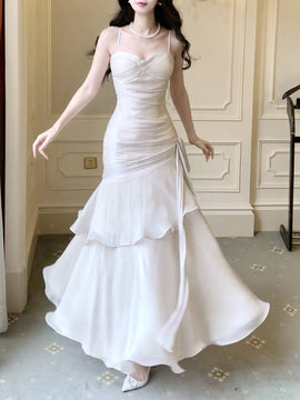 White Satin Sweetheart Mermaid Straps Long Party Dress, White Satin Prom Dress