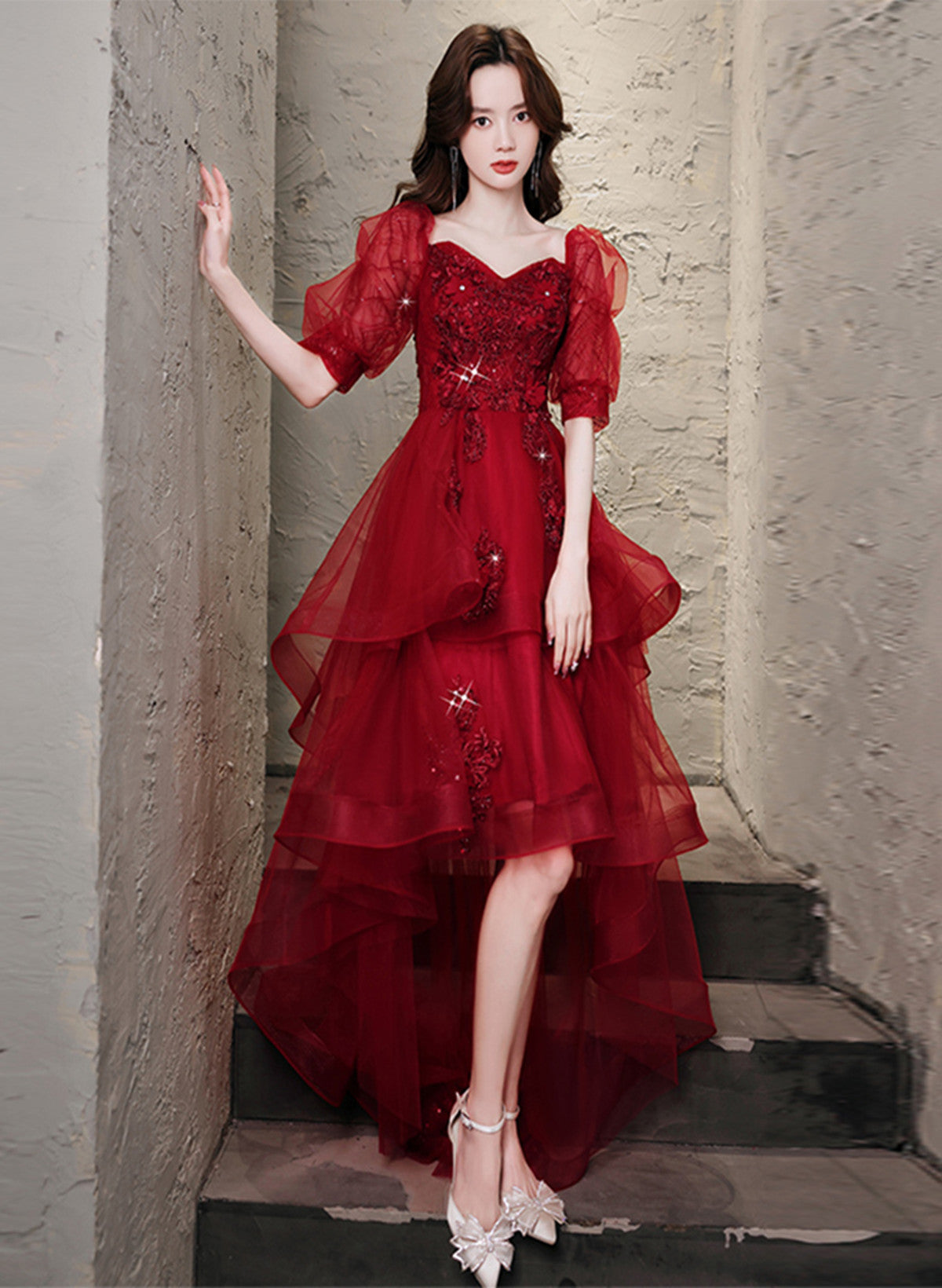 Chic Wine Red High Low Short Sleeves Party Dress, Wine Red High Low Ho Chic Wine Red High Low Short Sleeves Party Dress, Wine Red High Low Ho