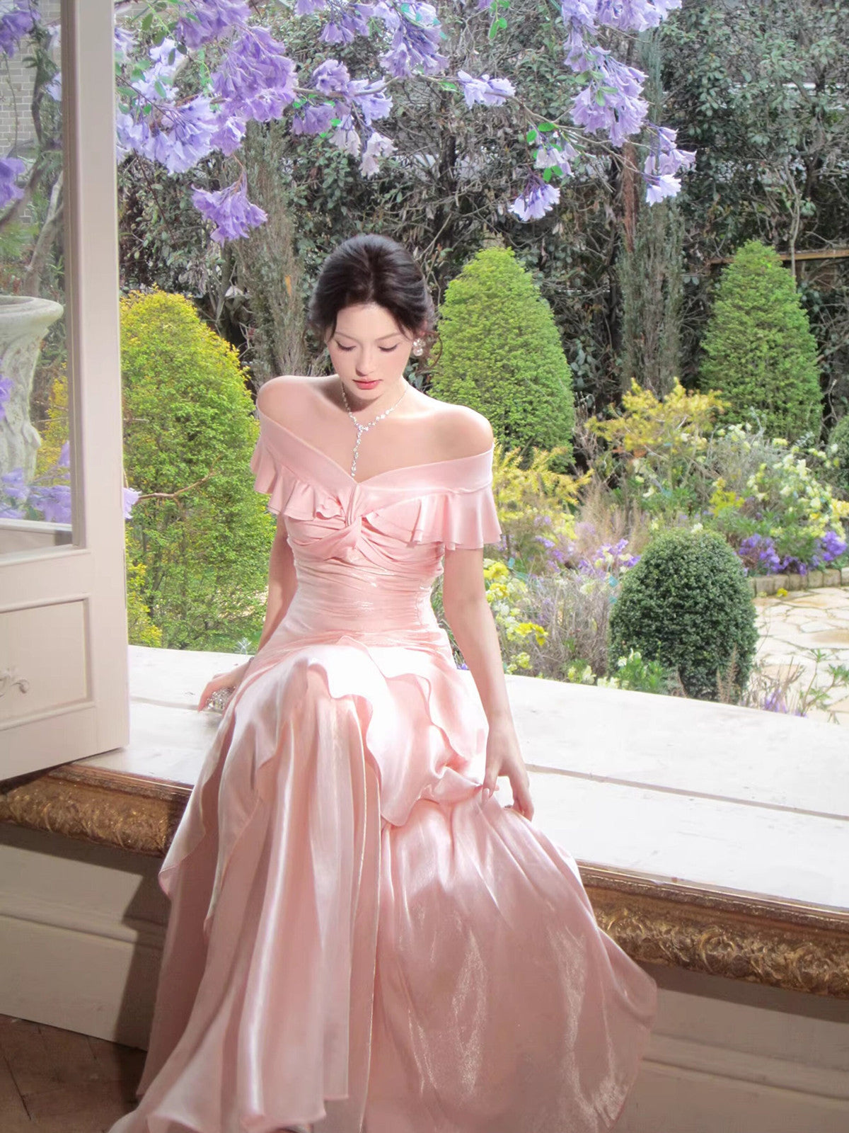 Elegant Pink Off-the-Shoulder Satin Evening GownTiered Ruffle Prom Dr Cutedressy Elegant Pink Off-the-Shoulder Satin Evening GownTiered Ruffle Prom Dr Cutedressy