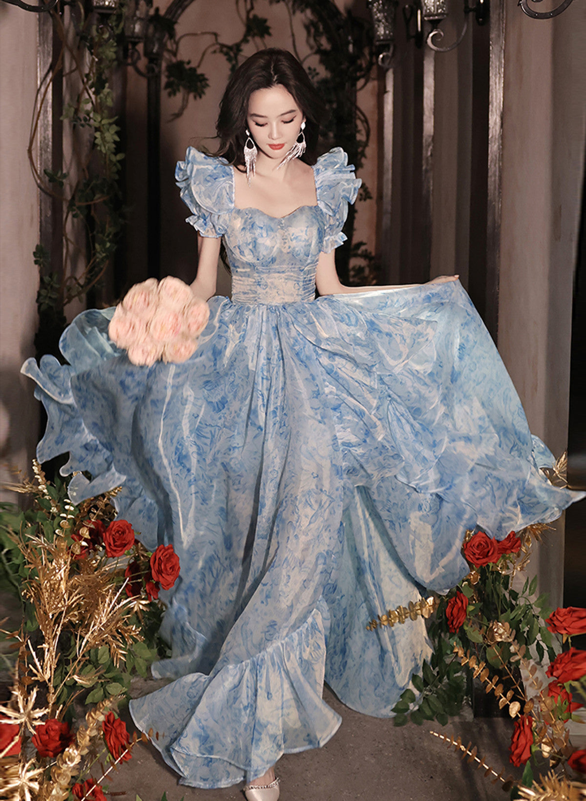 Pretty Light Blue Floral Short Sleeves Long Prom Dress, Light Blue Eve