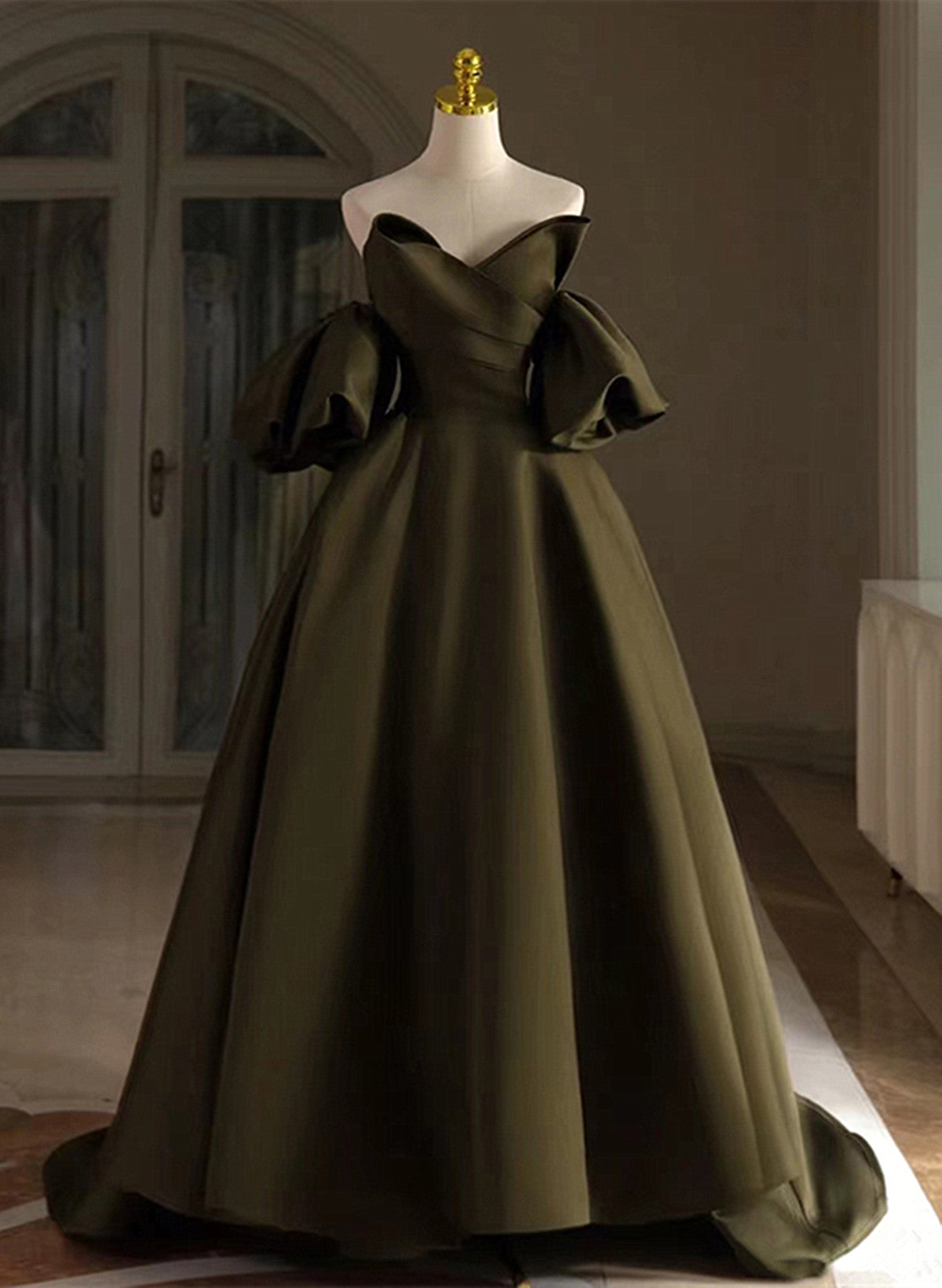 Green Satin Off Shoulder Short Sleeves Party Dress, Long Green Satin P Cutedressy Green Satin Off Shoulder Short Sleeves Party Dress, Long Green Satin P Cutedressy