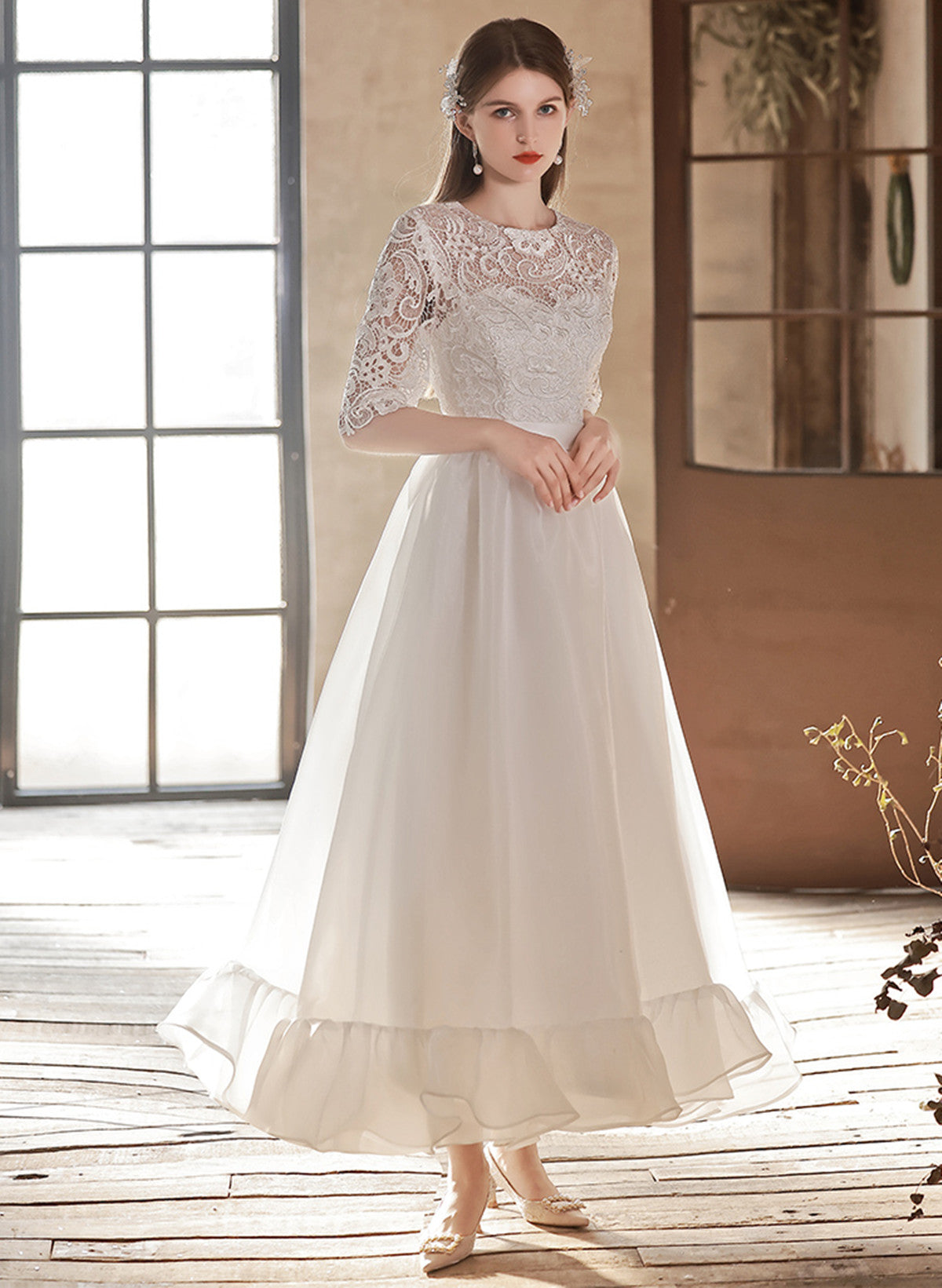 White Lace Short Sleeves Pretty Wedding Party Dress, White Graduation Cutedressy White Lace Short Sleeves Pretty Wedding Party Dress, White Graduation Cutedressy