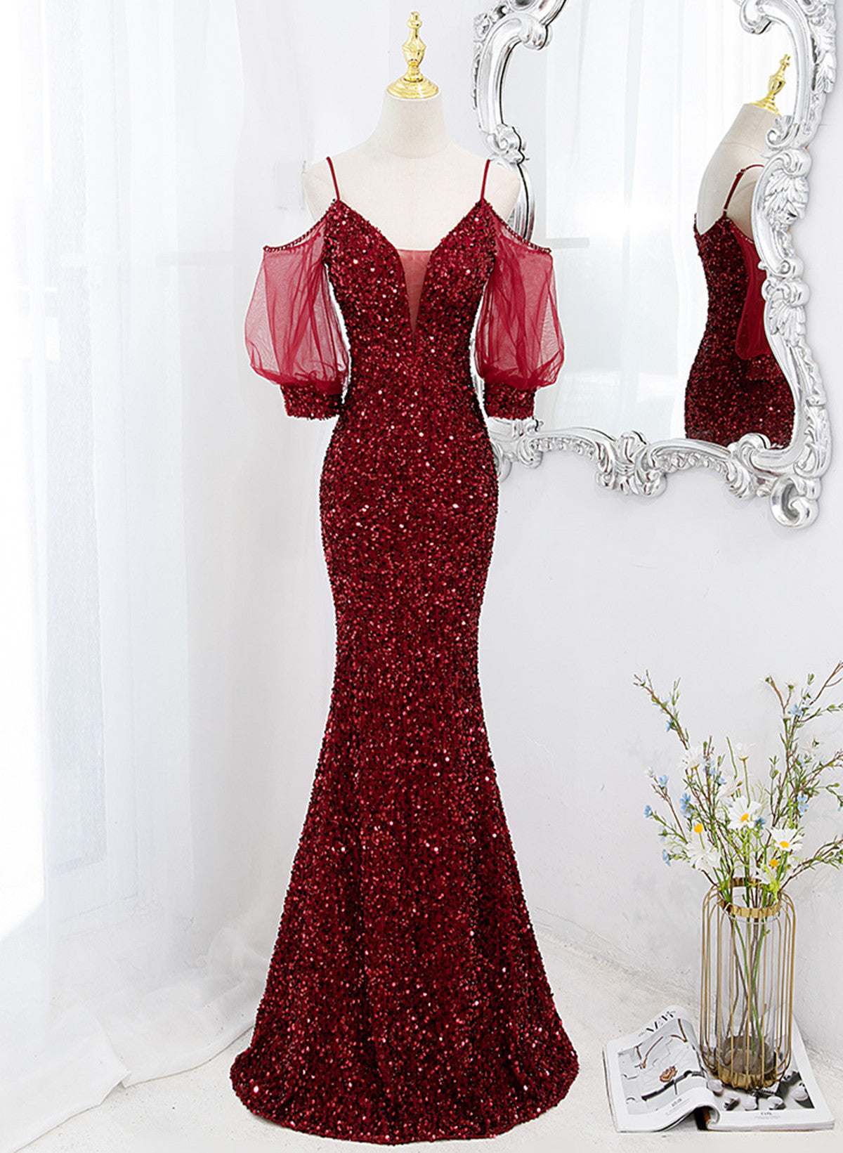 Wine Red Sequins Mermaid Long Party Dress, Wine Red Evening Dress Prom Cutedressy Wine Red Sequins Mermaid Long Party Dress, Wine Red Evening Dress Prom Cutedressy