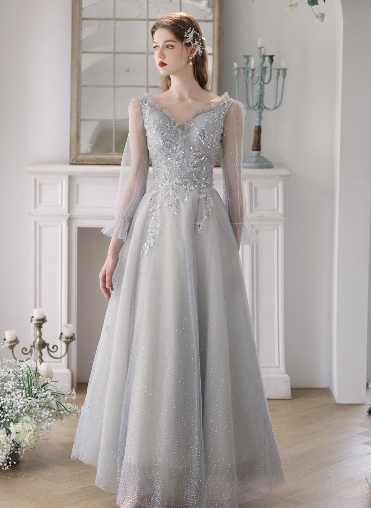 Light Grey Tulle V-neckline Beaded Long Party Dress, Grey Tulle Prom D Cutedressy Light Grey Tulle V-neckline Beaded Long Party Dress, Grey Tulle Prom D Cutedressy