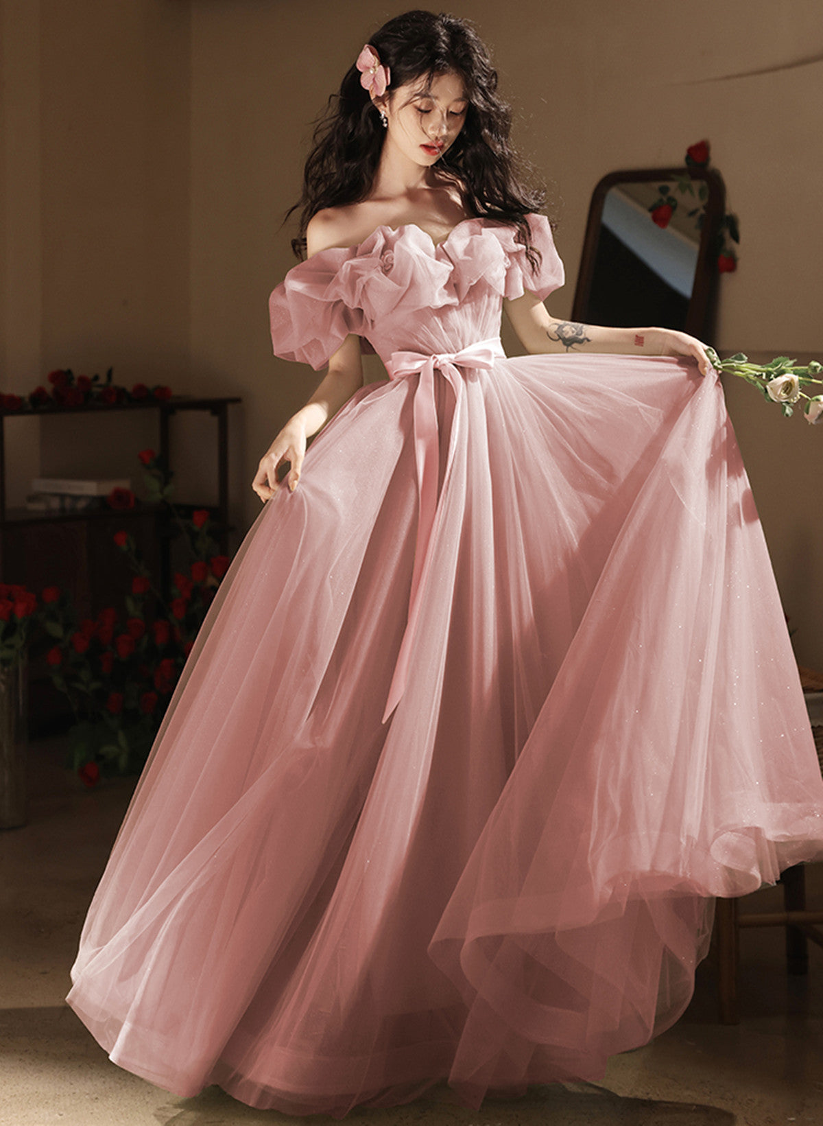 Lovely Pink Tulle Off Shoulder A-line Party Dress, Pink Tulle Long Pro – Cutedressy Lovely Pink Tulle Off Shoulder A-line Party Dress, Pink Tulle Long Pro – Cutedressy