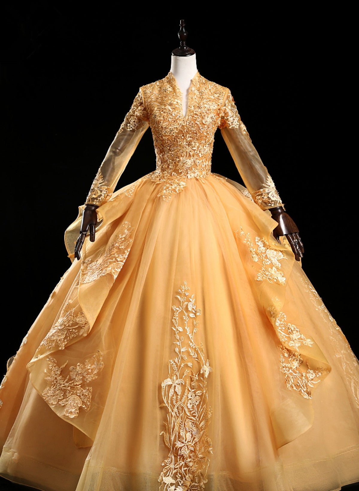 Gold Tulle Long Sleeves Lace Applique Formal Dress, Ball Gown Sweet 16 Cutedressy Gold Tulle Long Sleeves Lace Applique Formal Dress, Ball Gown Sweet 16 Cutedressy