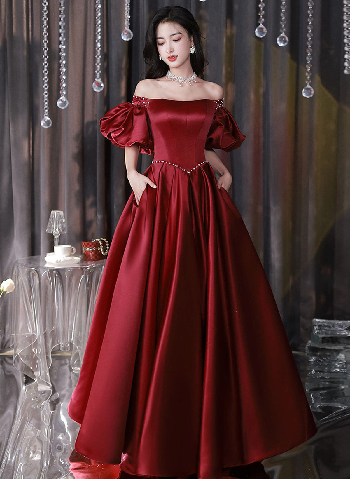red satin long sleeve dress Wine Red Satin Beaded Puffy Sleeves Long Party Dress, Wine Red Long Pr – Cutedressy