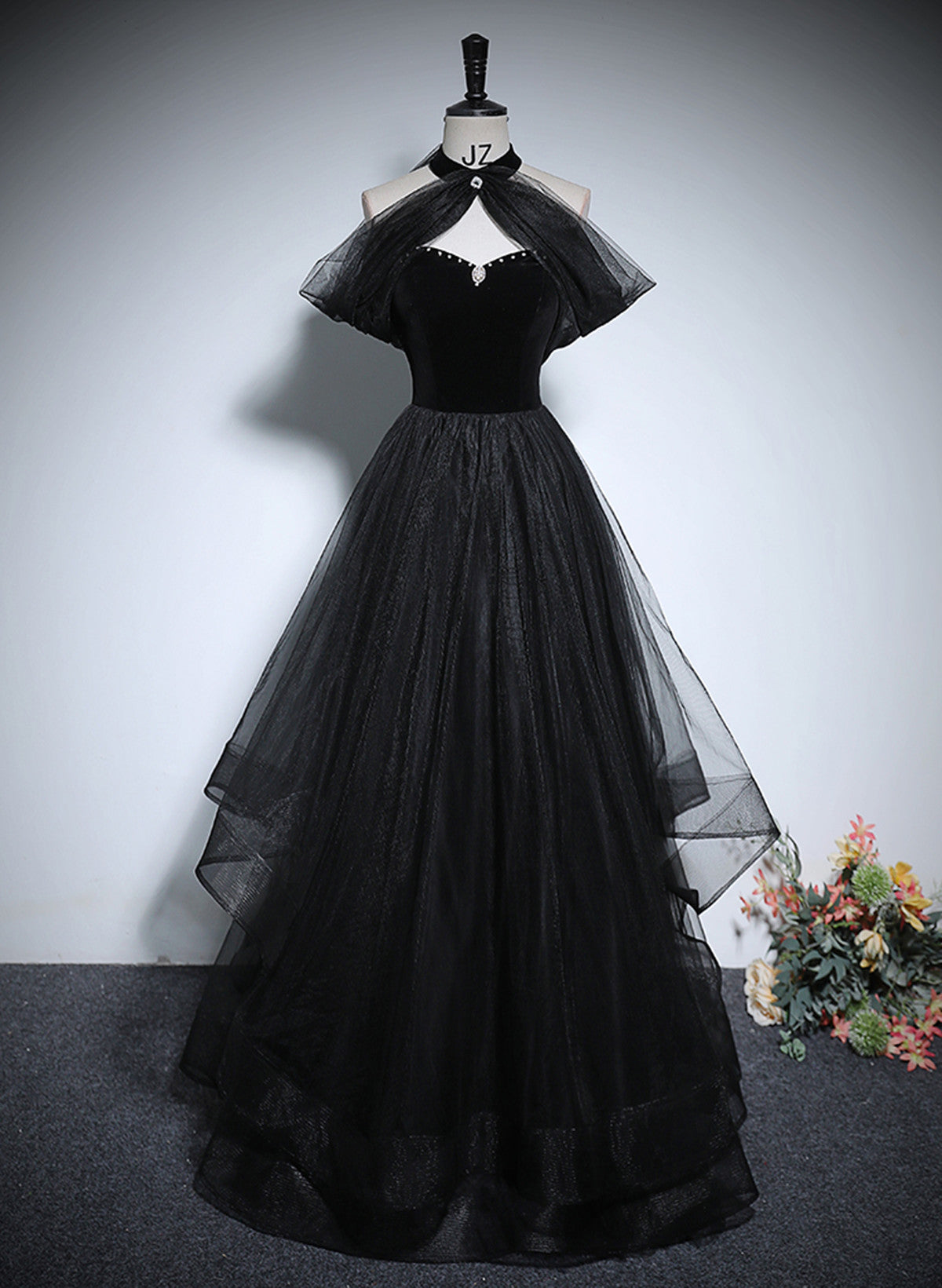 Black Haler Tulle and Velvet Long Prom Dress, Black A-line Tulle Eveni Cutedressy Black Haler Tulle and Velvet Long Prom Dress, Black A-line Tulle Eveni Cutedressy