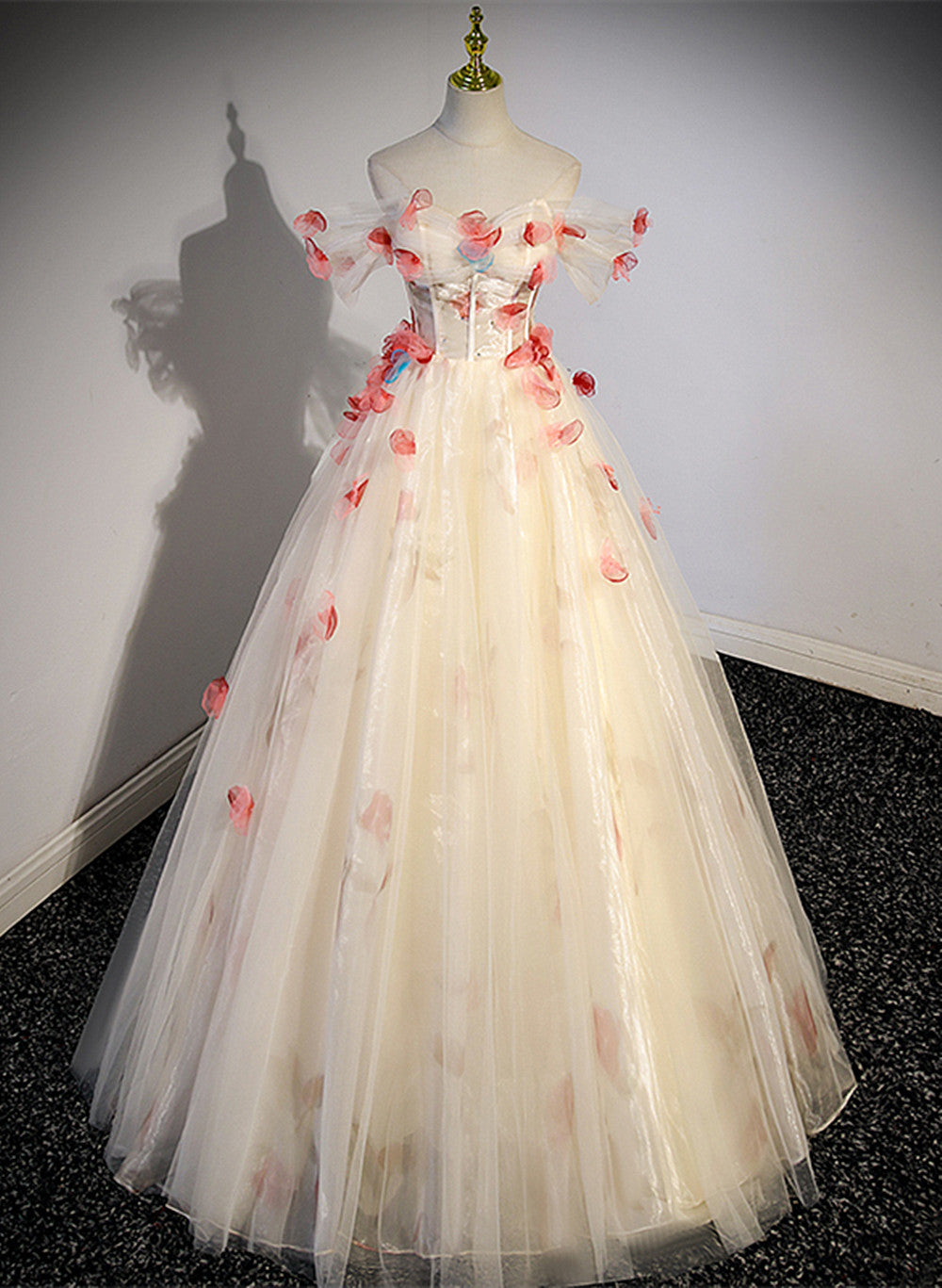 Lovely Flowers Light Champagne Tulle Long Formal Dress, Tulle A-line P Cutedressy Lovely Flowers Light Champagne Tulle Long Formal Dress, Tulle A-line P Cutedressy