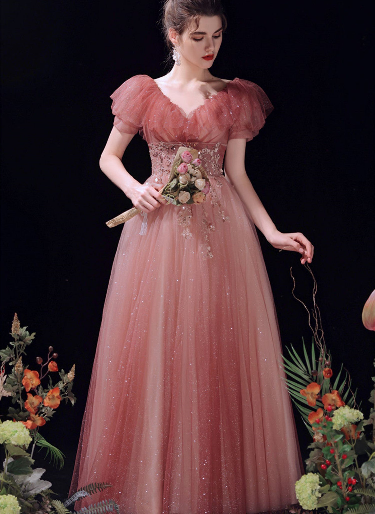 Pink V-neckline Tulle Long Formal Dress Prom Dress, Pink Tulle Evening – Cutedressy Pink V-neckline Tulle Long Formal Dress Prom Dress, Pink Tulle Evening – Cutedressy
